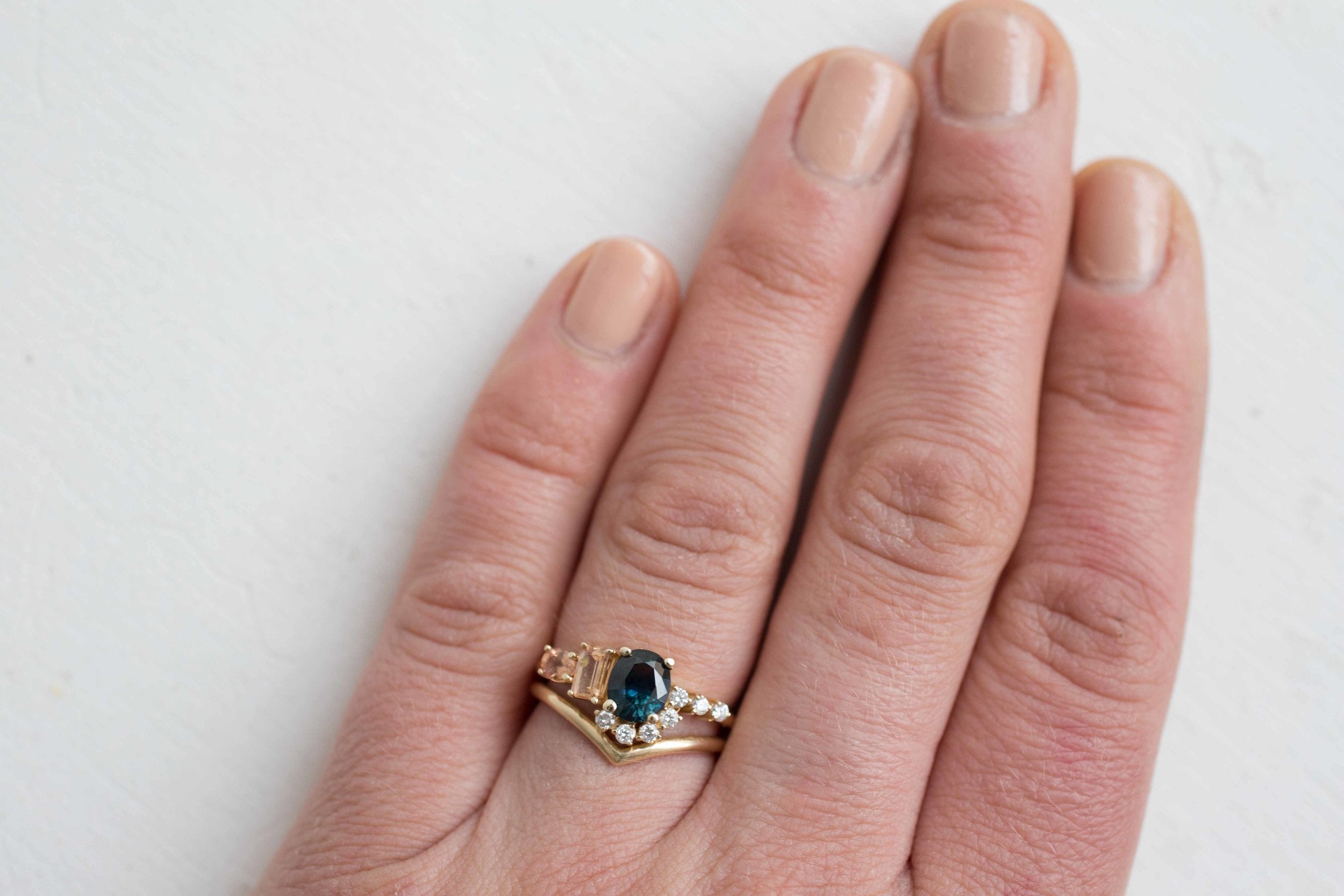 Bi-Color Blue Green Sapphire, Imperial Topaz, Peach Sapphire + Diamond Cluster Engagement Ring | 14k Recycled Yellow Gold | One of a Kind