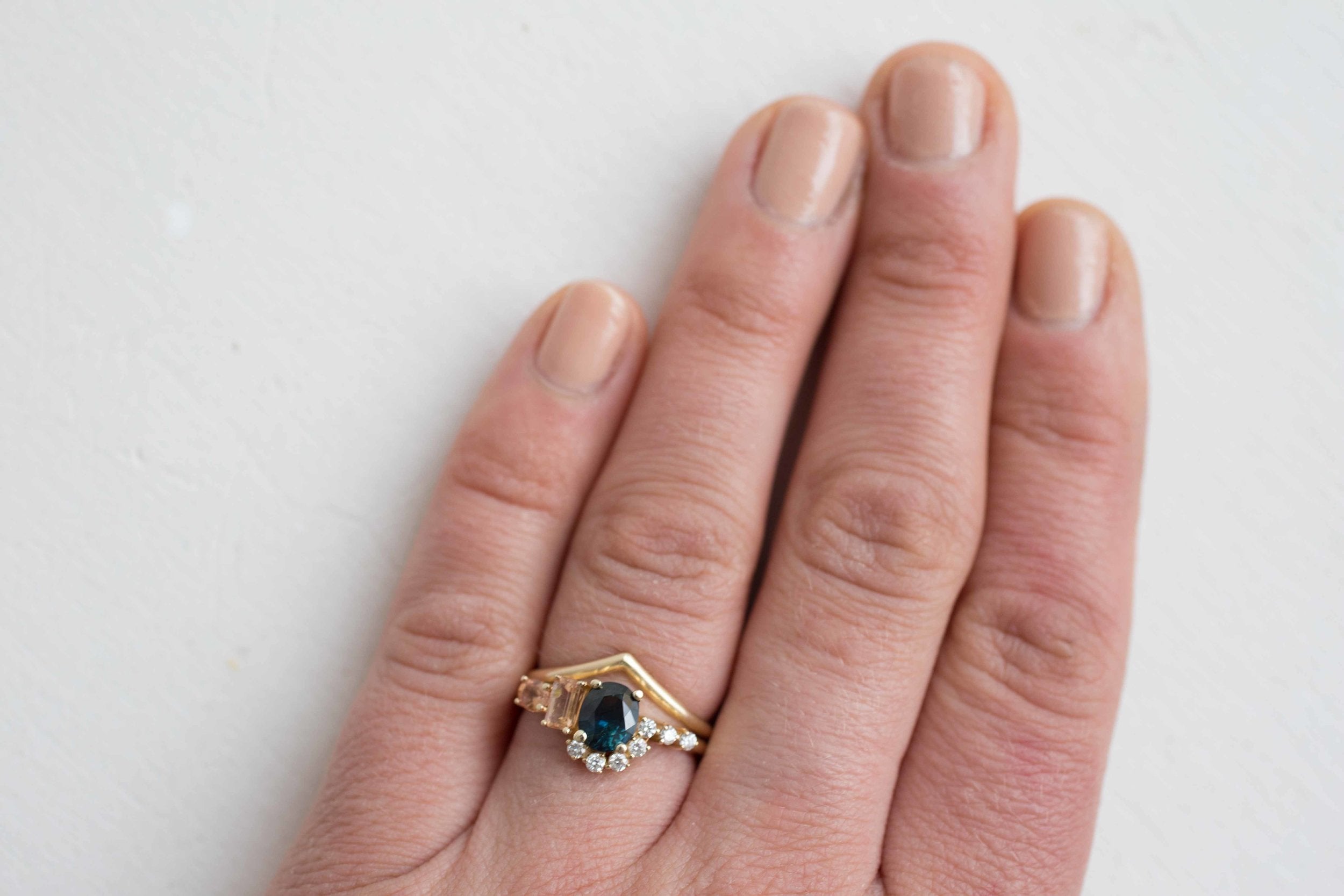 Bi-Color Blue Green Sapphire, Imperial Topaz, Peach Sapphire + Diamond Cluster Engagement Ring | 14k Recycled Yellow Gold | One of a Kind