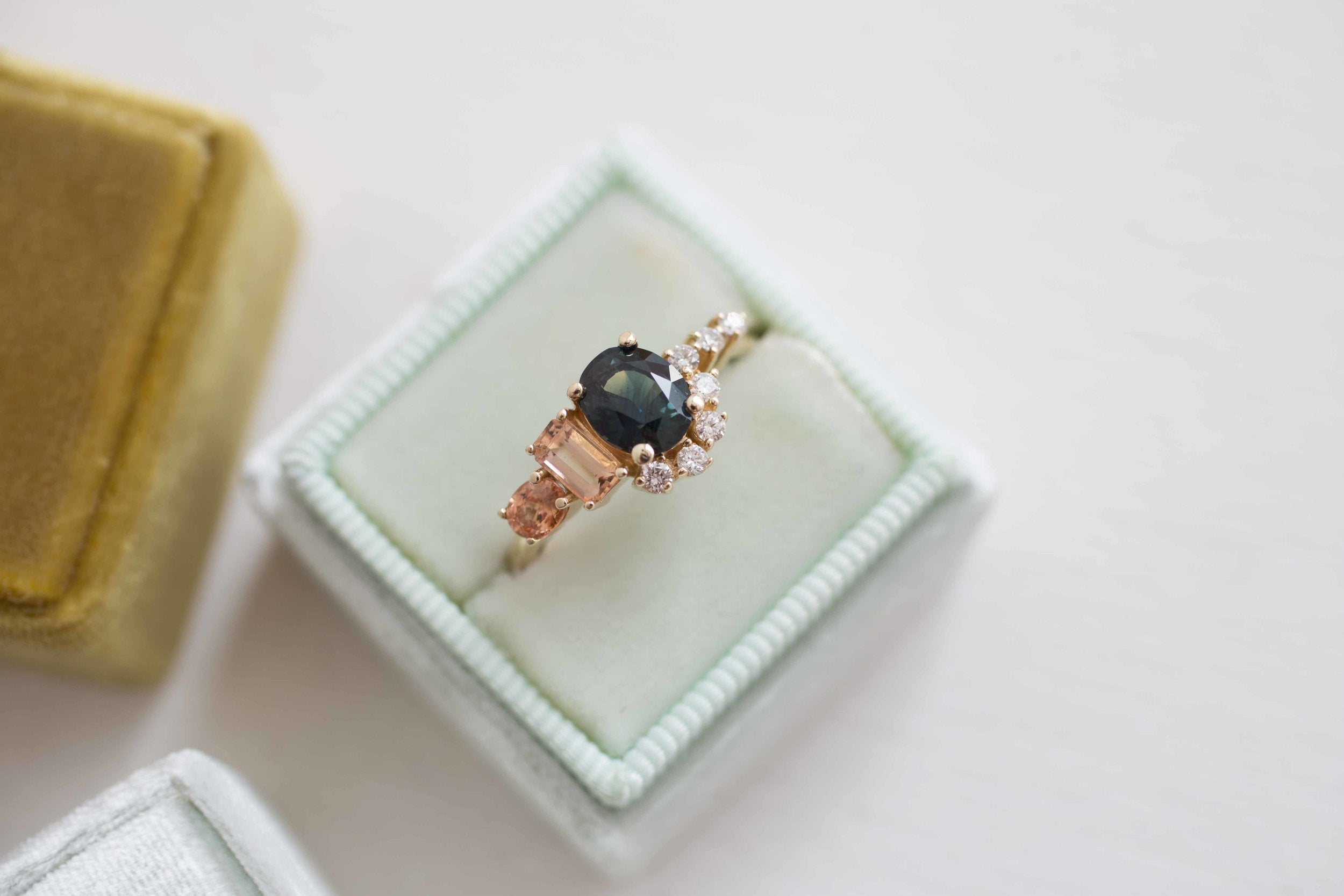 Bi-Color Blue Green Sapphire, Imperial Topaz, Peach Sapphire + Diamond Cluster Engagement Ring | 14k Recycled Yellow Gold | One of a Kind