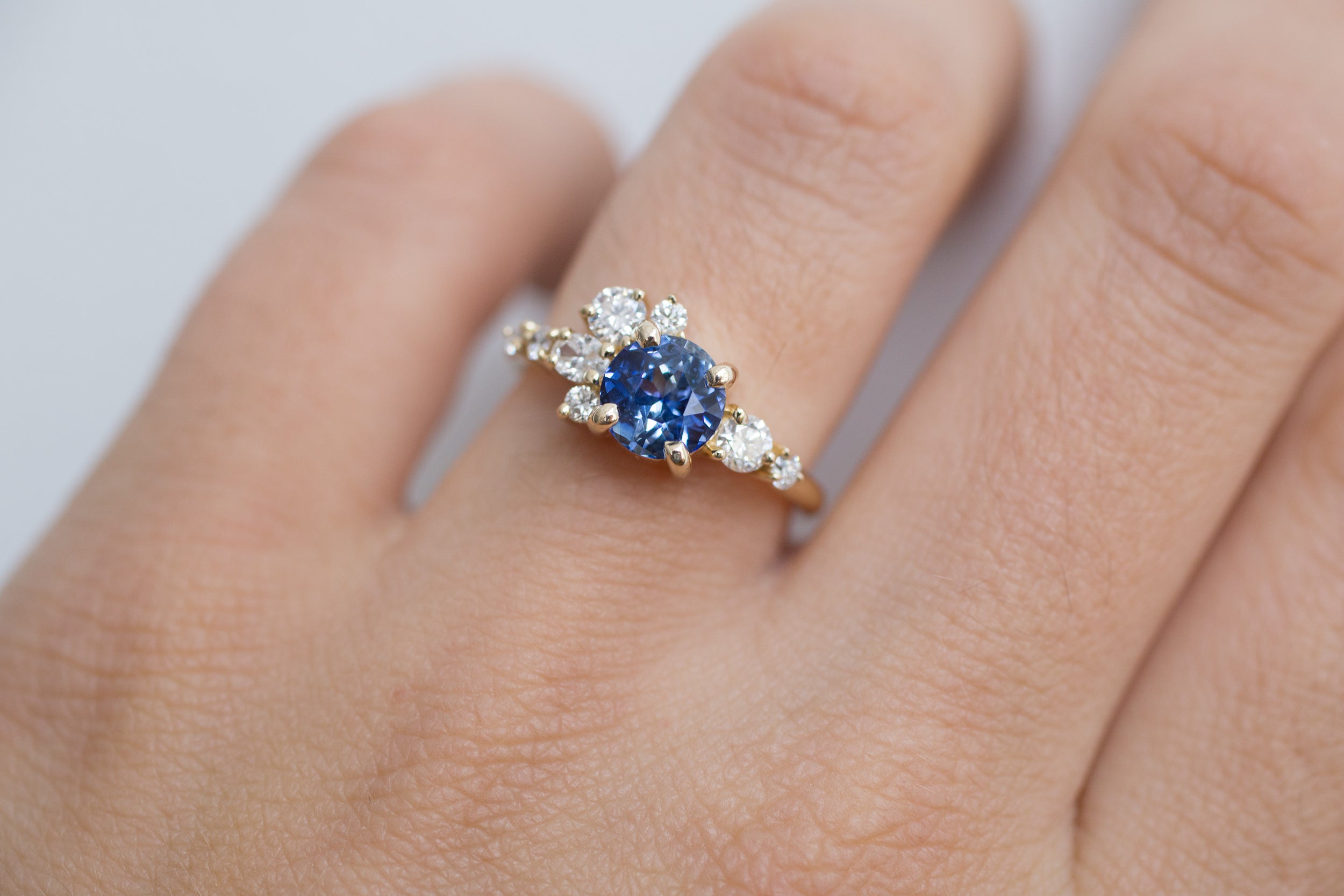 Ilia Ring | Blue Round Sapphire + Diamond Cluster Engagement Ring | 14k Recycled Gold | One of a Kind