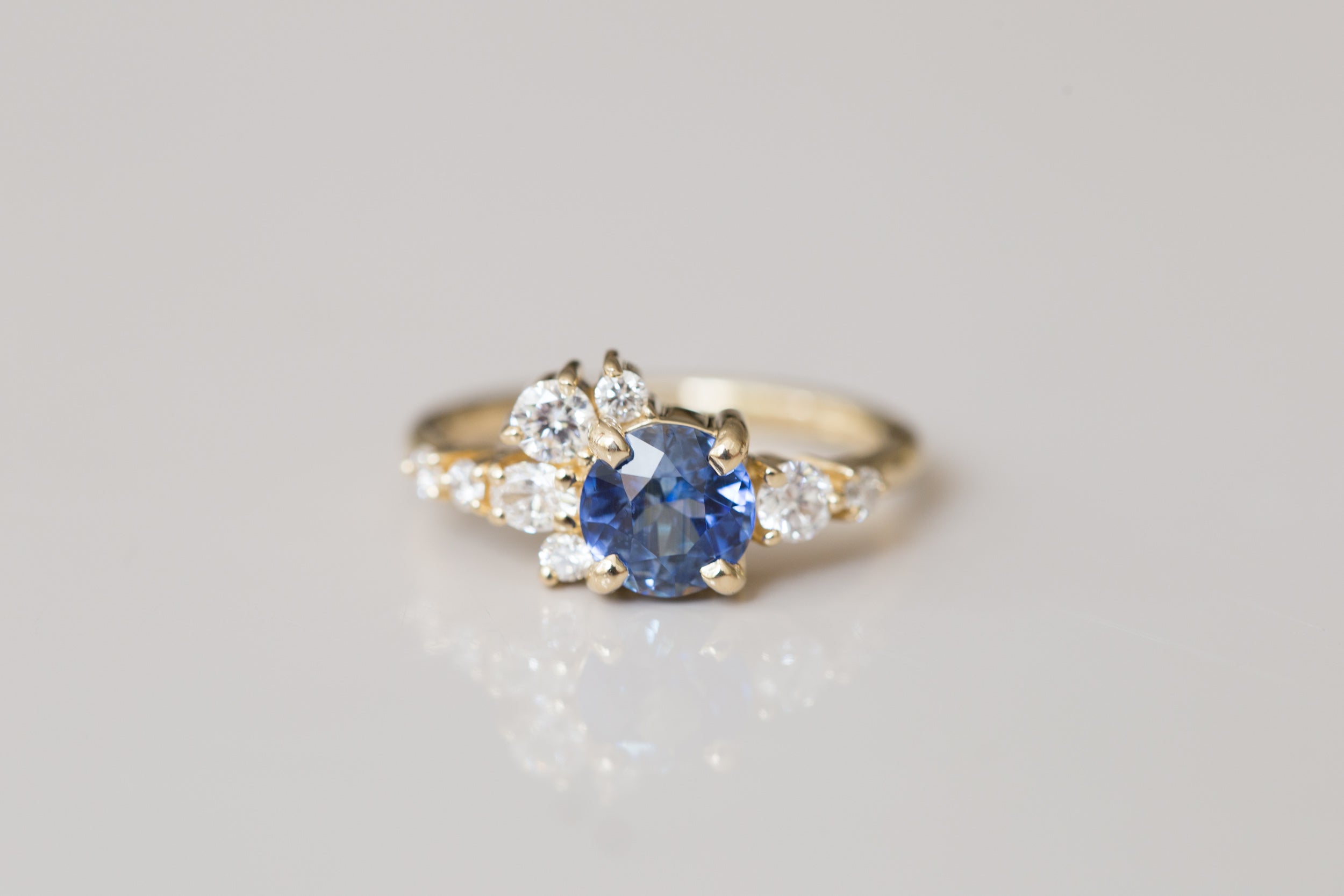 Ilia Ring | Blue Round Sapphire + Diamond Cluster Engagement Ring | 14k Recycled Gold | One of a Kind