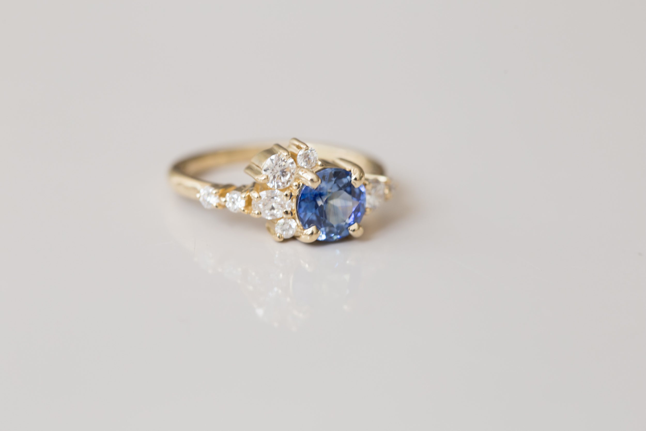 Ilia Ring | Blue Round Sapphire + Diamond Cluster Engagement Ring | 14k Recycled Gold | One of a Kind