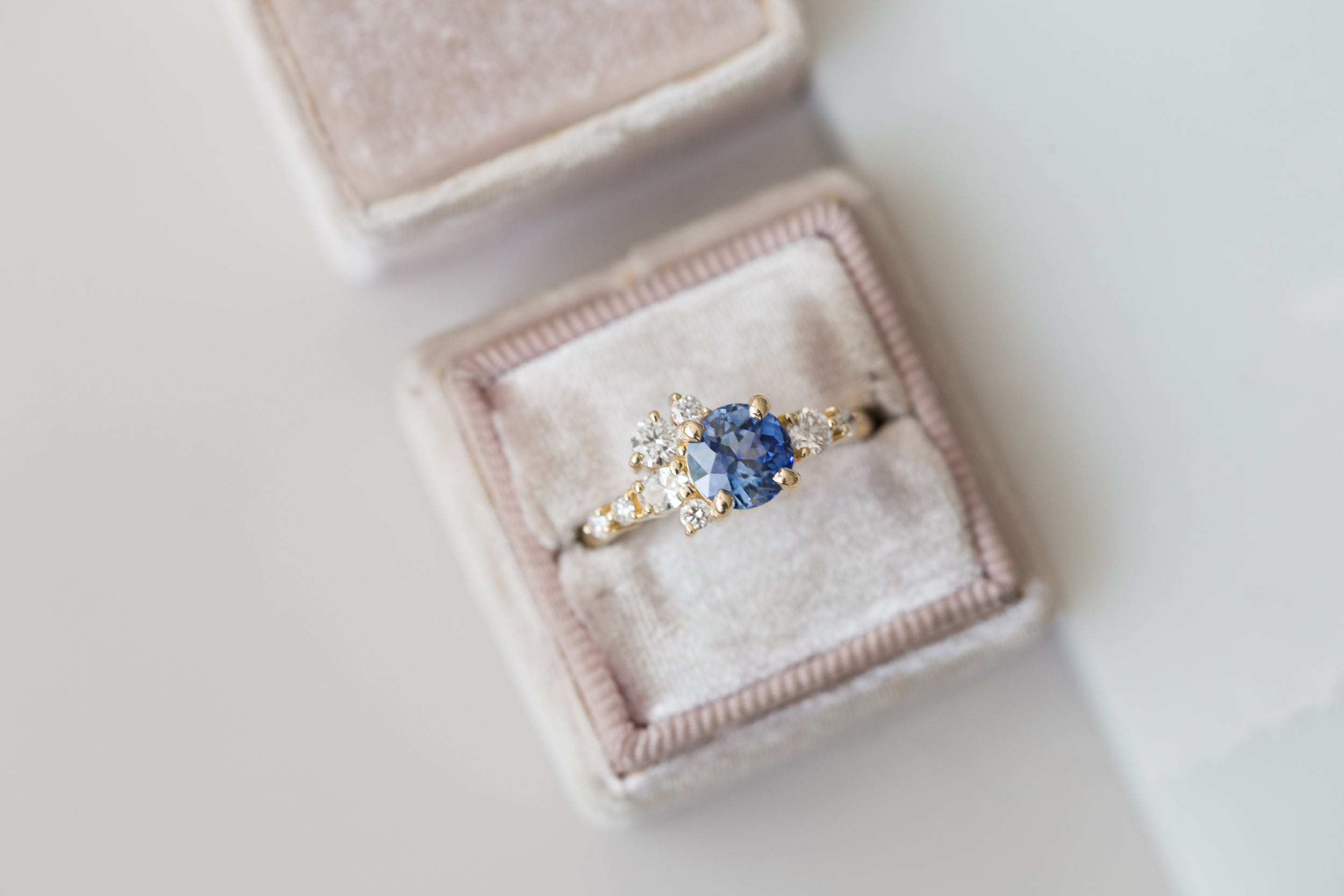 Ilia Ring | Blue Round Sapphire + Diamond Cluster Engagement Ring | 14k Recycled Gold | One of a Kind