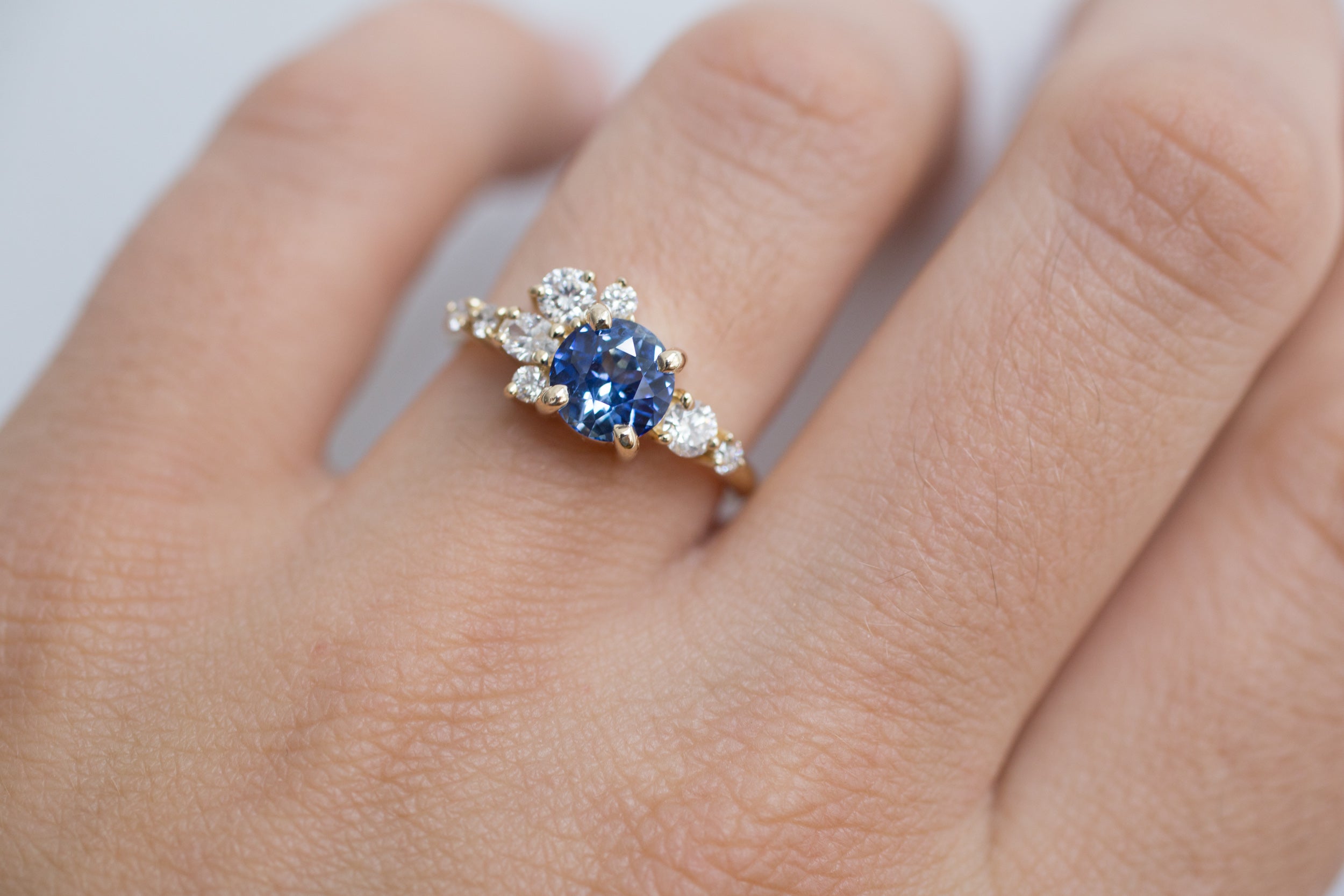 Ilia Ring | Blue Round Sapphire + Diamond Cluster Engagement Ring | 14k Recycled Gold | One of a Kind