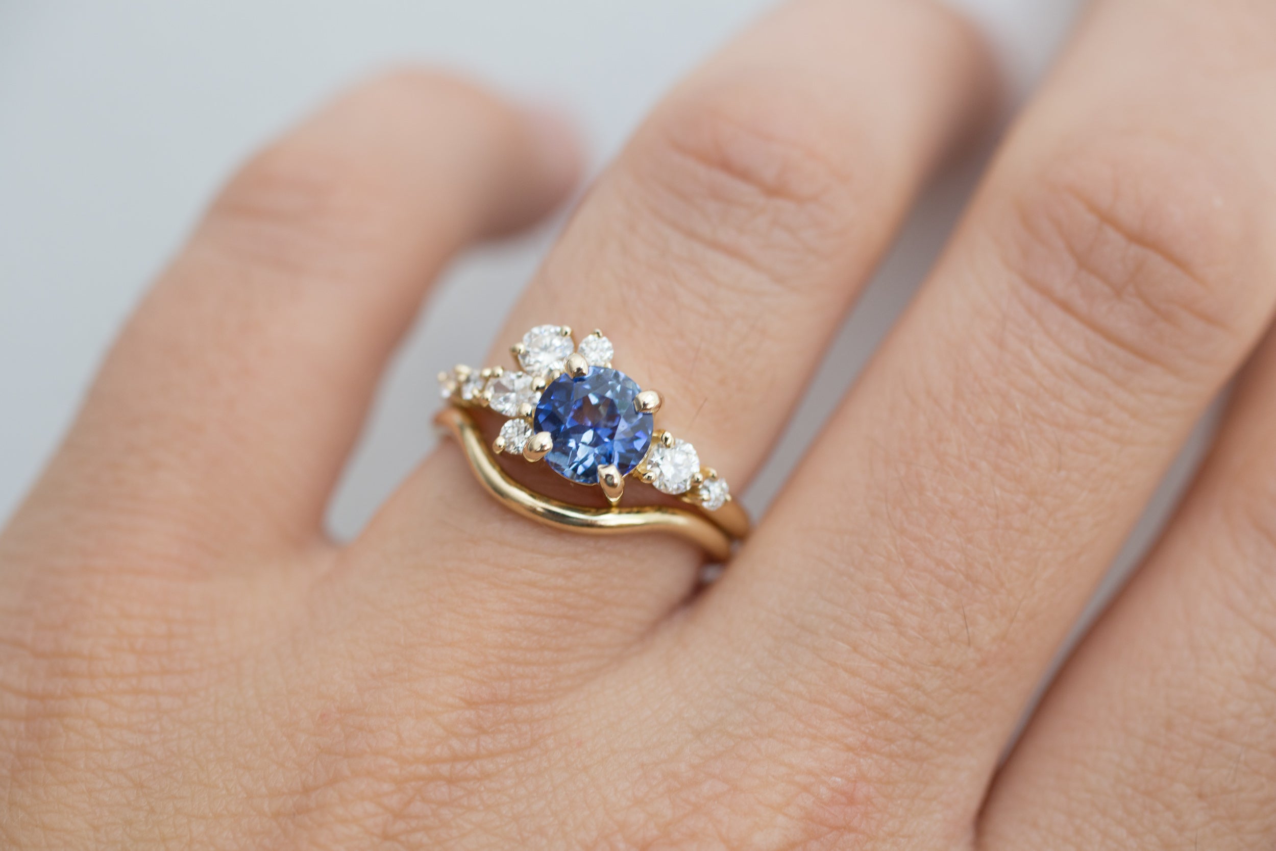 Ilia Ring | Blue Round Sapphire + Diamond Cluster Engagement Ring | 14k Recycled Gold | One of a Kind