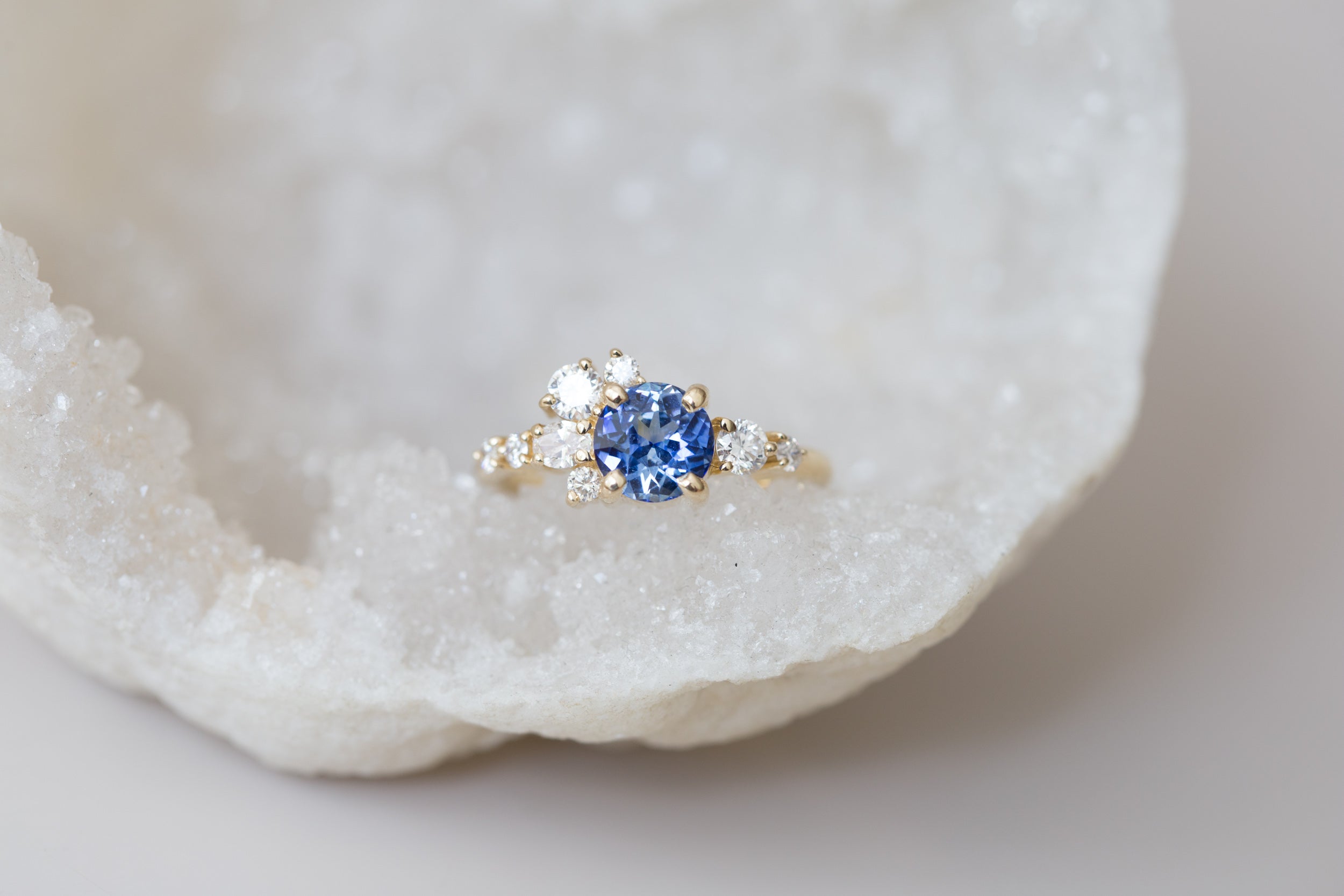 Ilia Ring | Blue Round Sapphire + Diamond Cluster Engagement Ring | 14k Recycled Gold | One of a Kind