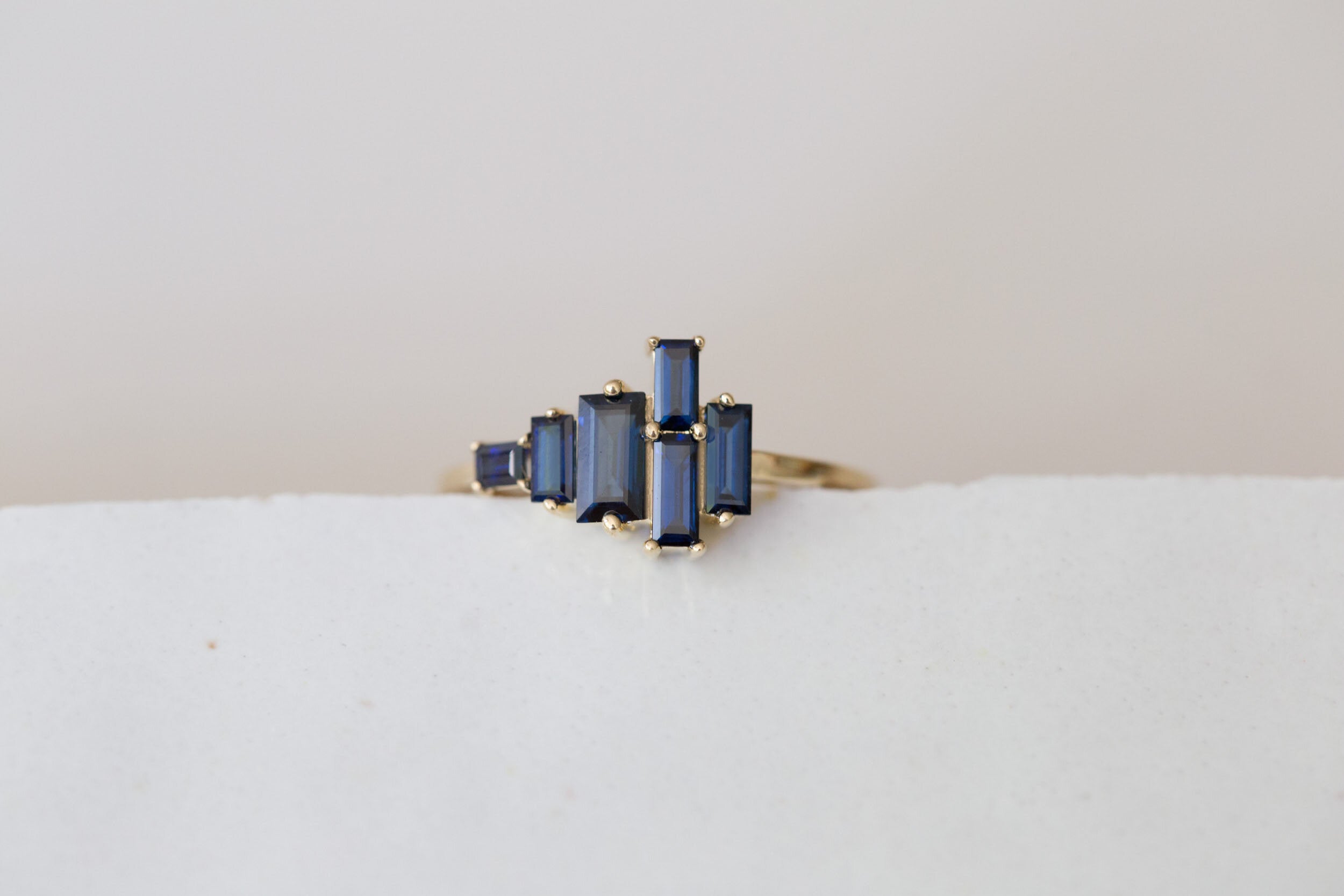 Seneca Ring | Asymmetrical Sapphire Baguette Engagement Ring | 14k Recycled Gold