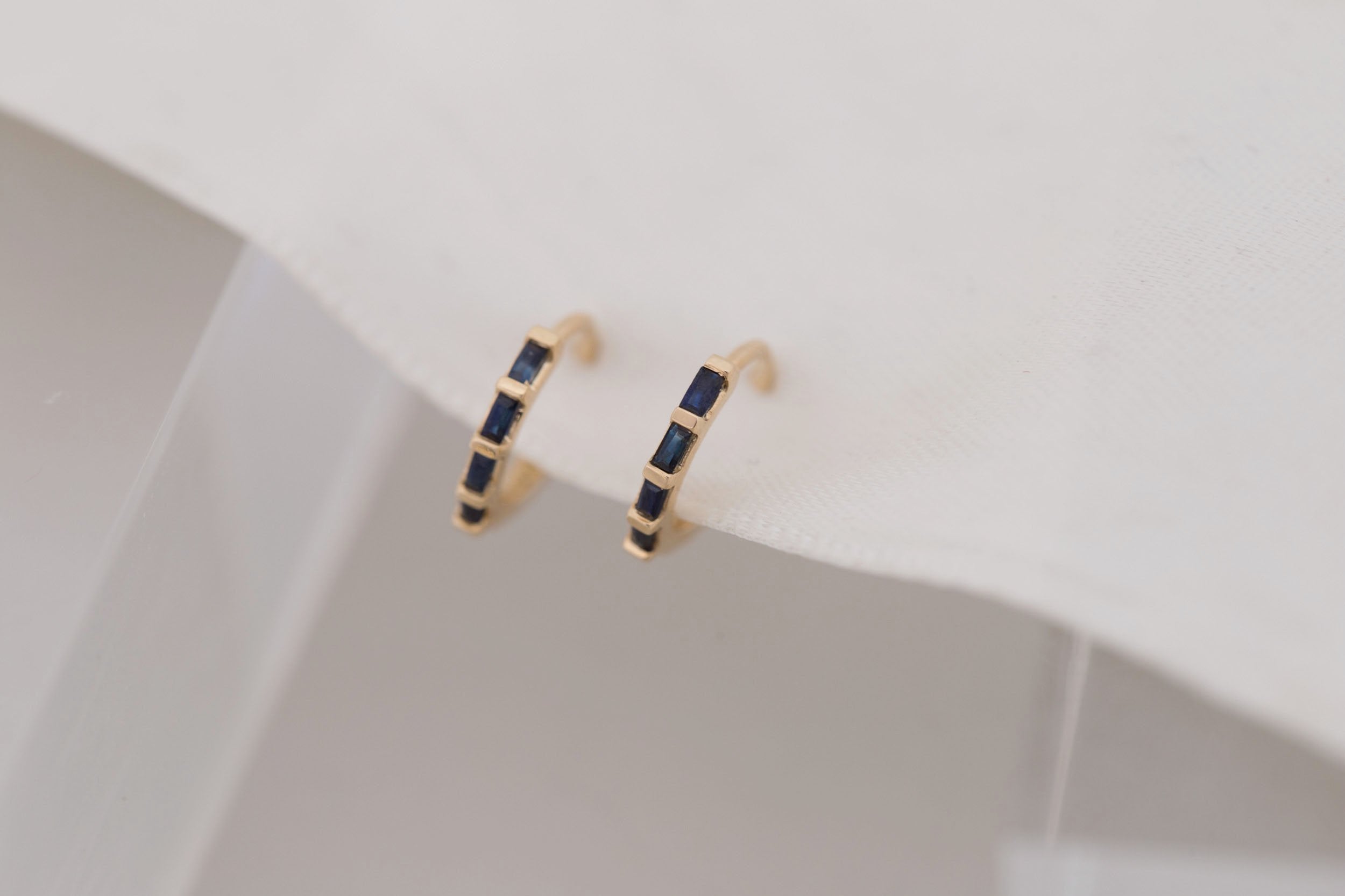 Sapphire Baguette Huggie Earrings | 14k Recycled Gold