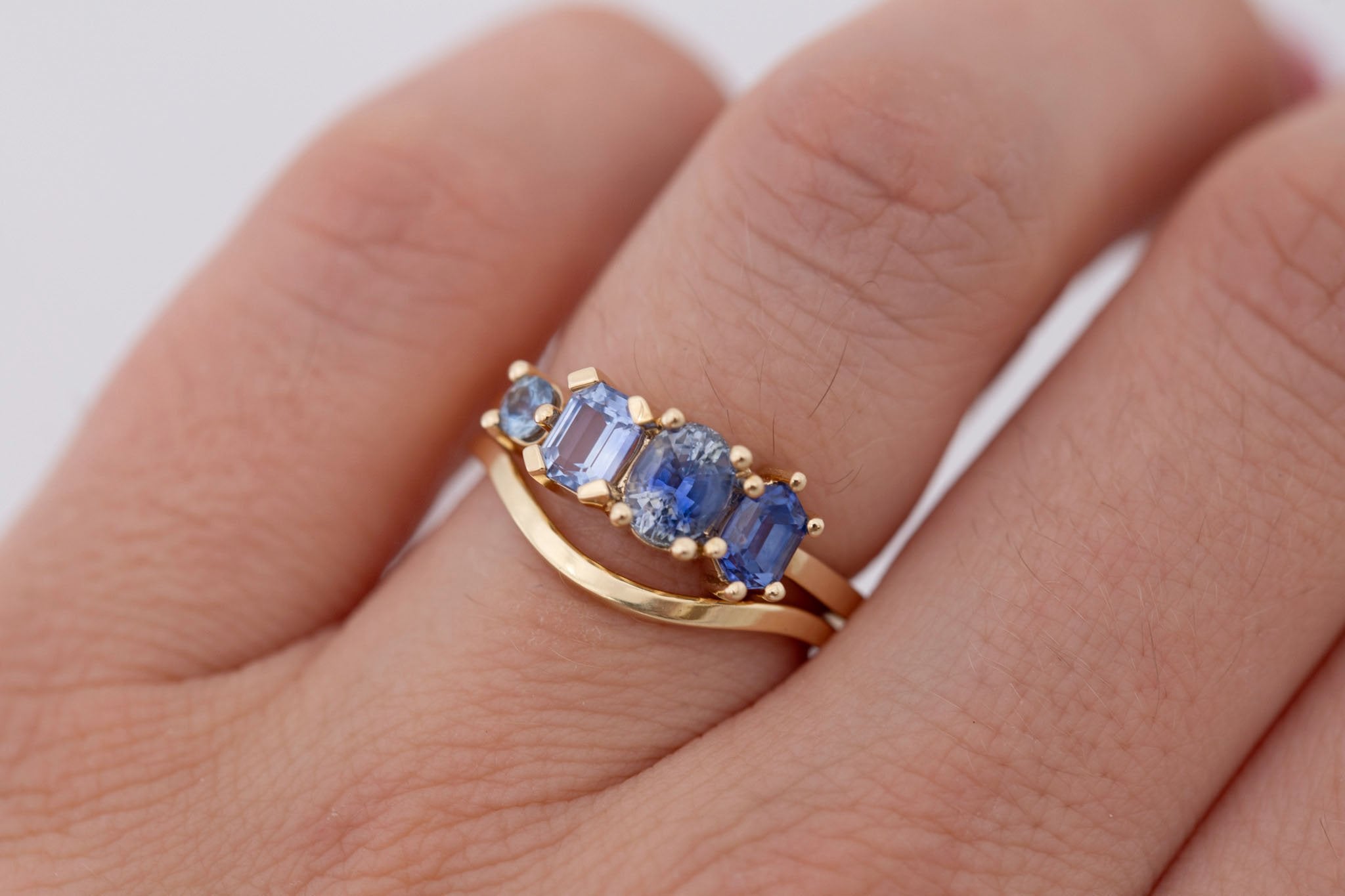 Blue Sapphire Line Ring | Blue Sapphires Engagement Ring | 14k Recycled Gold | One of a Kind