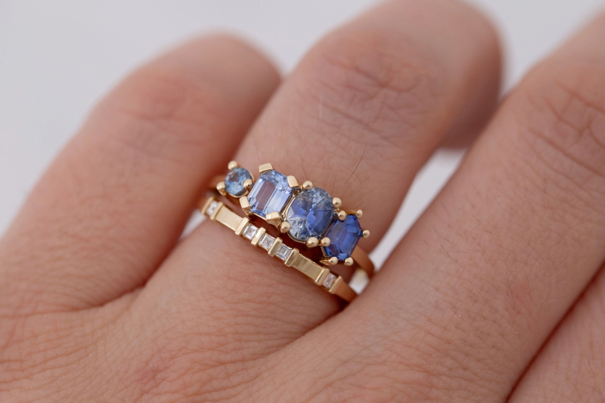 Blue Sapphire Line Ring | Blue Sapphires Engagement Ring | 14k Recycled Gold | One of a Kind