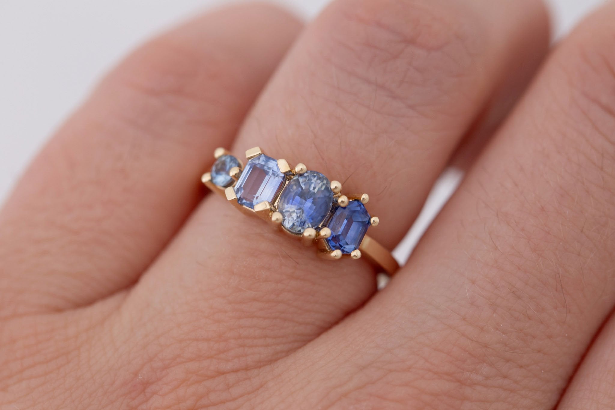 Blue Sapphire Line Ring | Blue Sapphires Engagement Ring | 14k Recycled Gold | One of a Kind