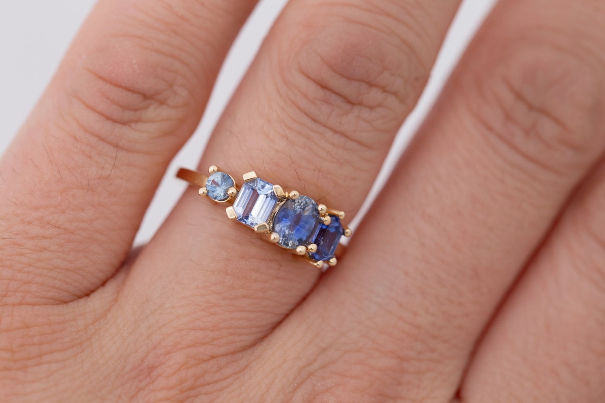 Blue Sapphire Line Ring | Blue Sapphires Engagement Ring | 14k Recycled Gold | One of a Kind