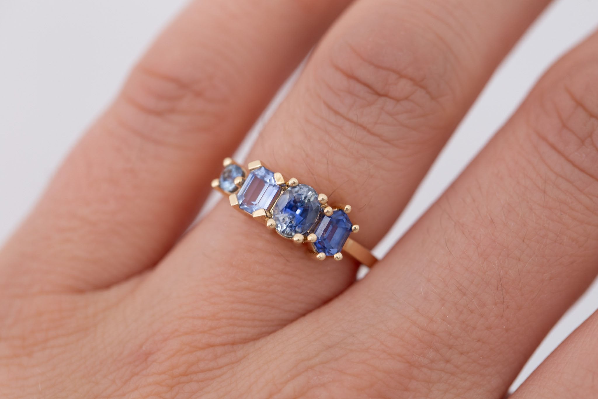 Blue Sapphire Line Ring | Blue Sapphires Engagement Ring | 14k Recycled Gold | One of a Kind