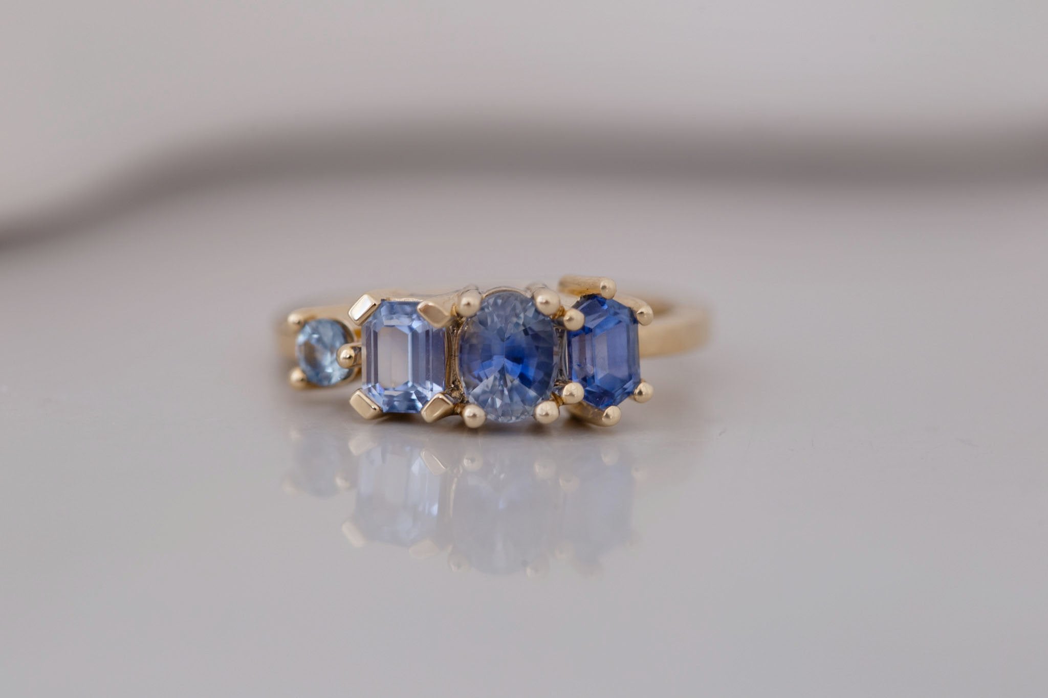 Blue Sapphire Line Ring | Blue Sapphires Engagement Ring | 14k Recycled Gold | One of a Kind