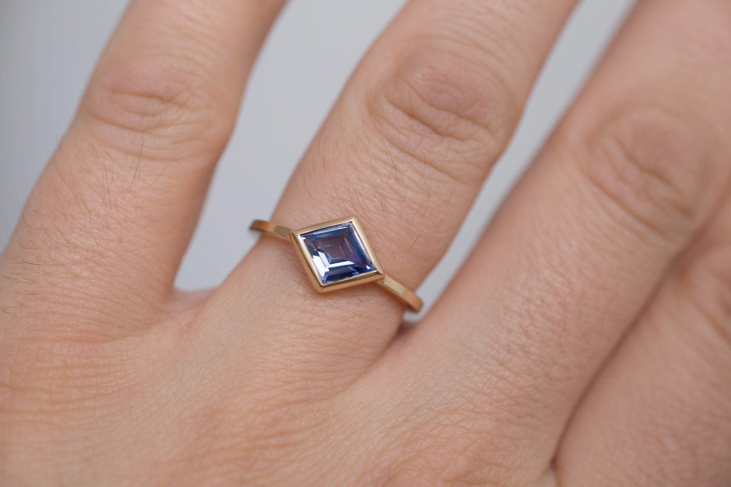 Avens Ring | Blue Sapphire Rhombus Solitaire Engagement Ring | 14k Recycled Gold | One of a Kind