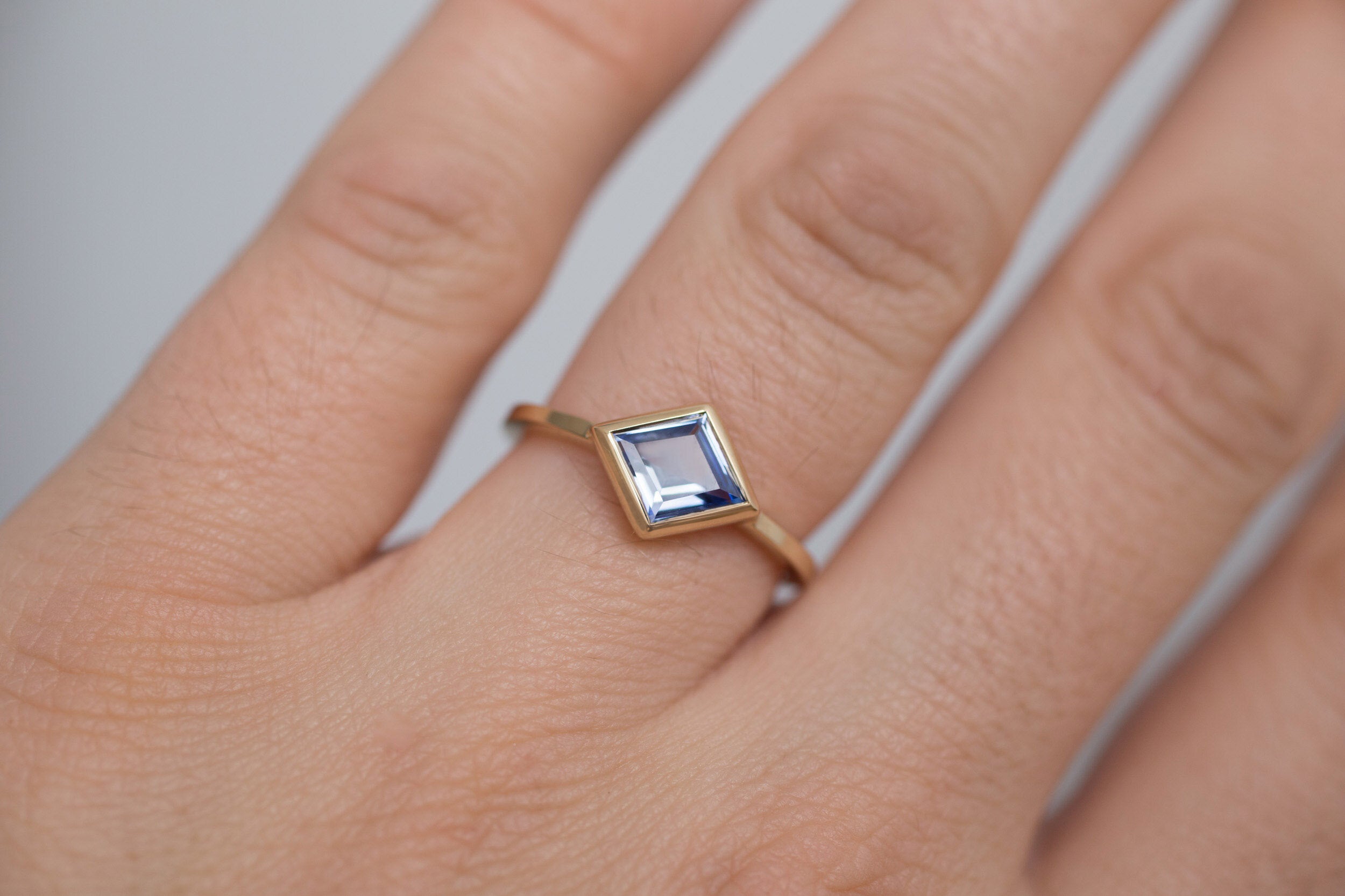 Avens Ring | Blue Sapphire Rhombus Solitaire Engagement Ring | 14k Recycled Gold | One of a Kind