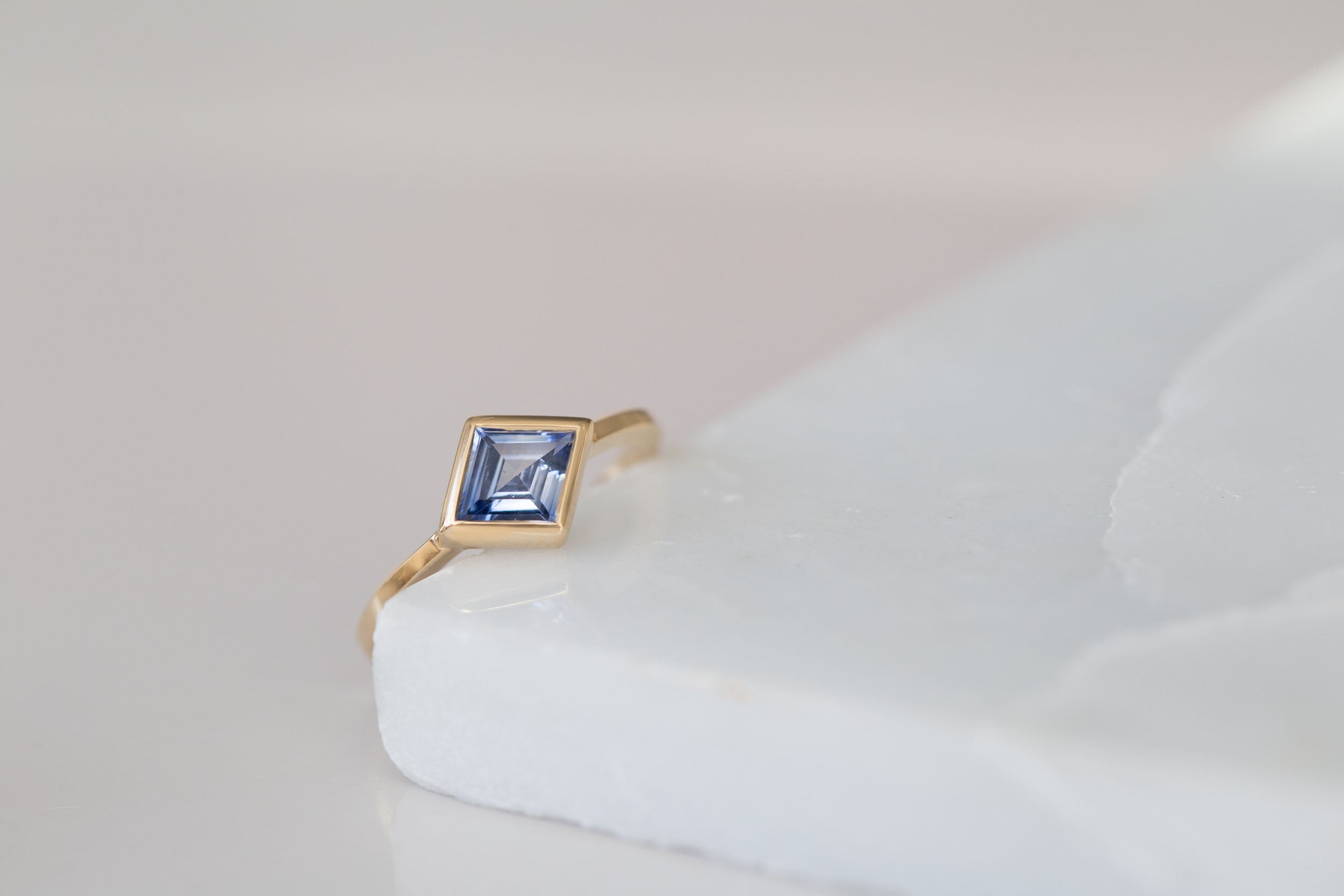 Avens Ring | Blue Sapphire Rhombus Solitaire Engagement Ring | 14k Recycled Gold | One of a Kind