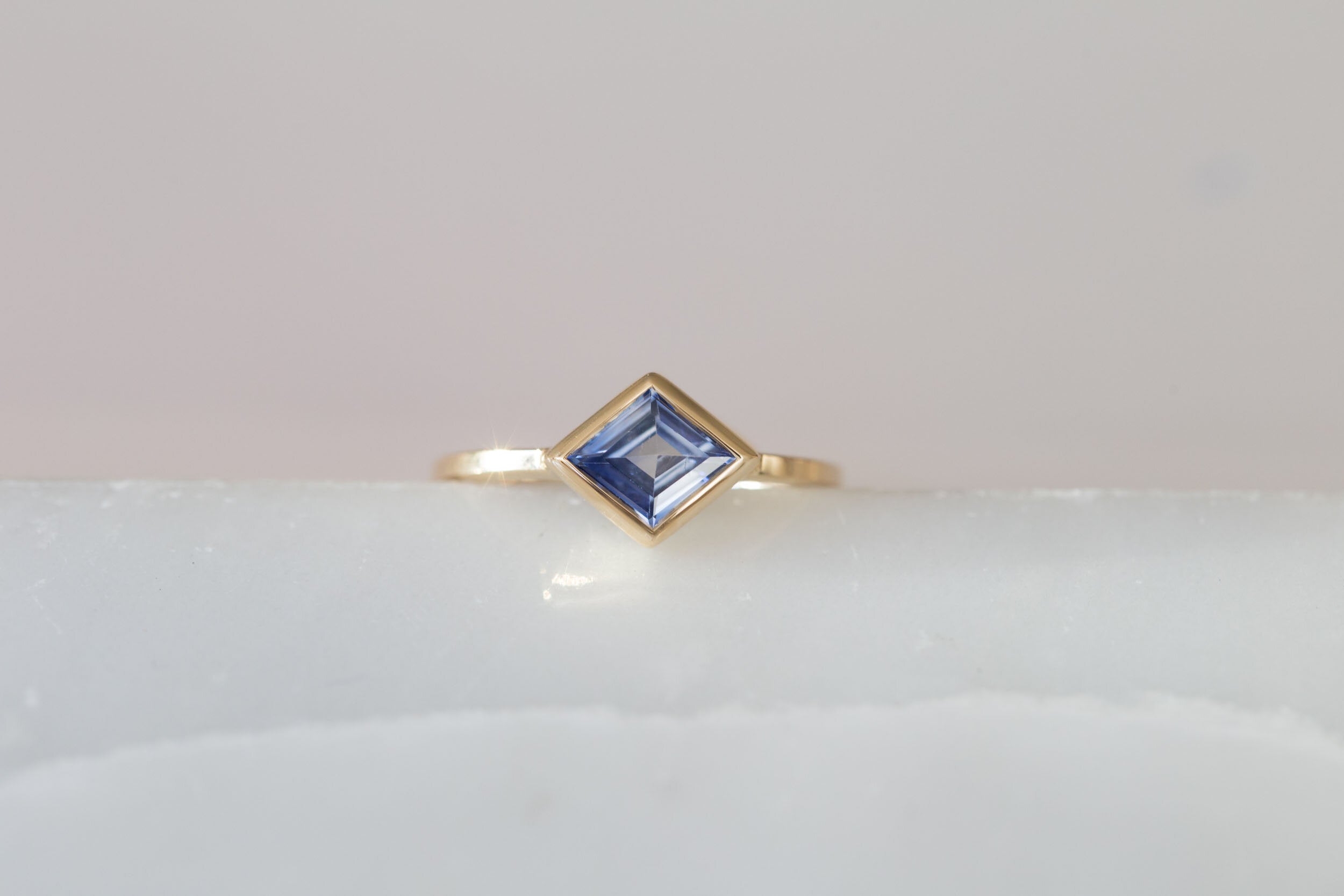 Avens Ring | Blue Sapphire Rhombus Solitaire Engagement Ring | 14k Recycled Gold | One of a Kind