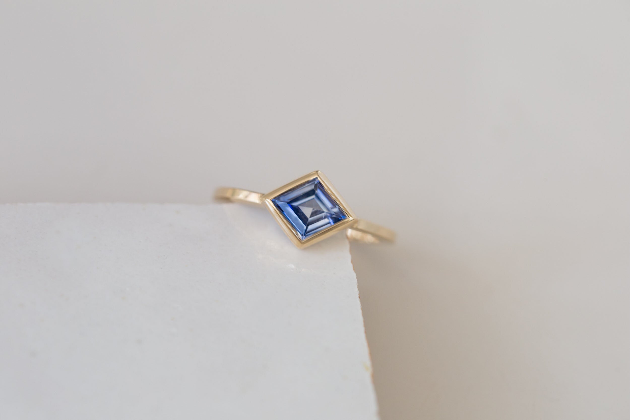 Avens Ring | Blue Sapphire Rhombus Solitaire Engagement Ring | 14k Recycled Gold | One of a Kind