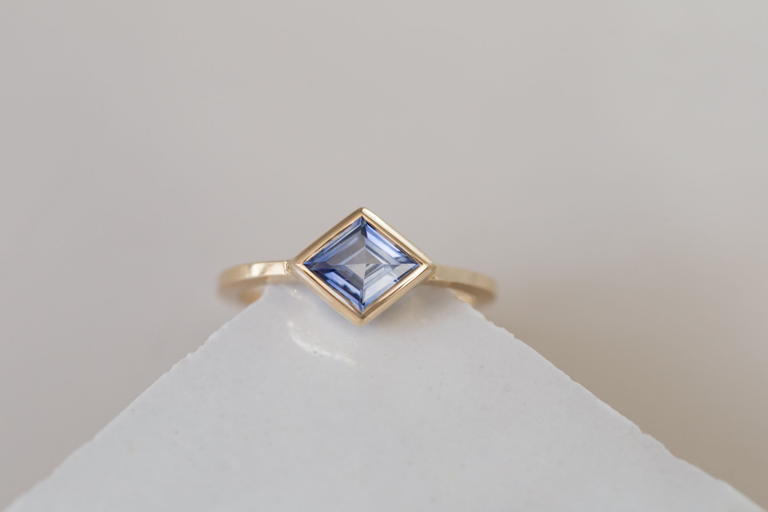 Avens Ring | Blue Sapphire Rhombus Solitaire Engagement Ring | 14k Recycled Gold | One of a Kind