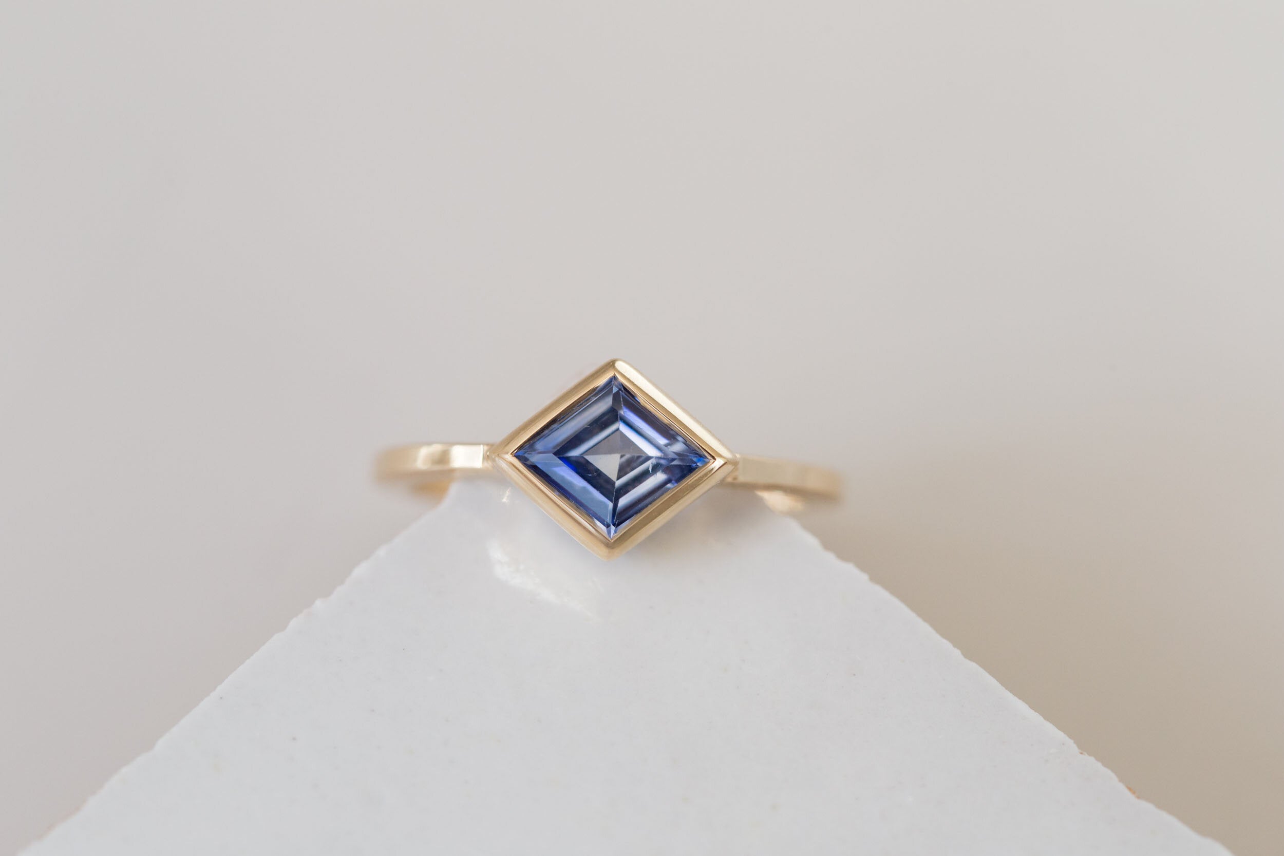 Avens Ring | Blue Sapphire Rhombus Solitaire Engagement Ring | 14k Recycled Gold | One of a Kind