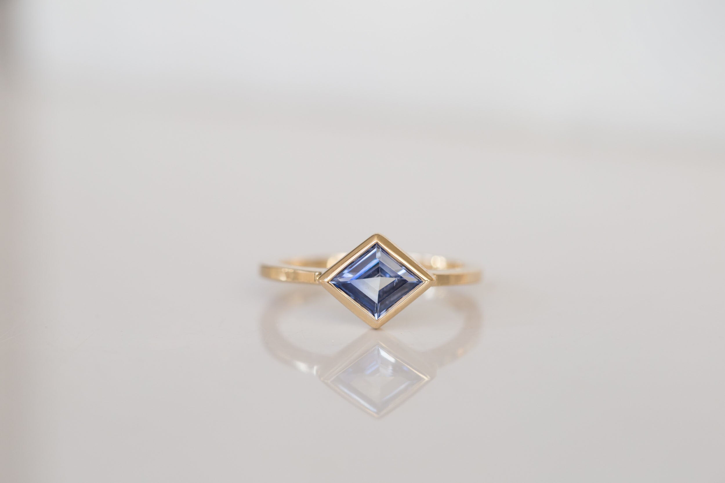 Avens Ring | Blue Sapphire Rhombus Solitaire Engagement Ring | 14k Recycled Gold | One of a Kind