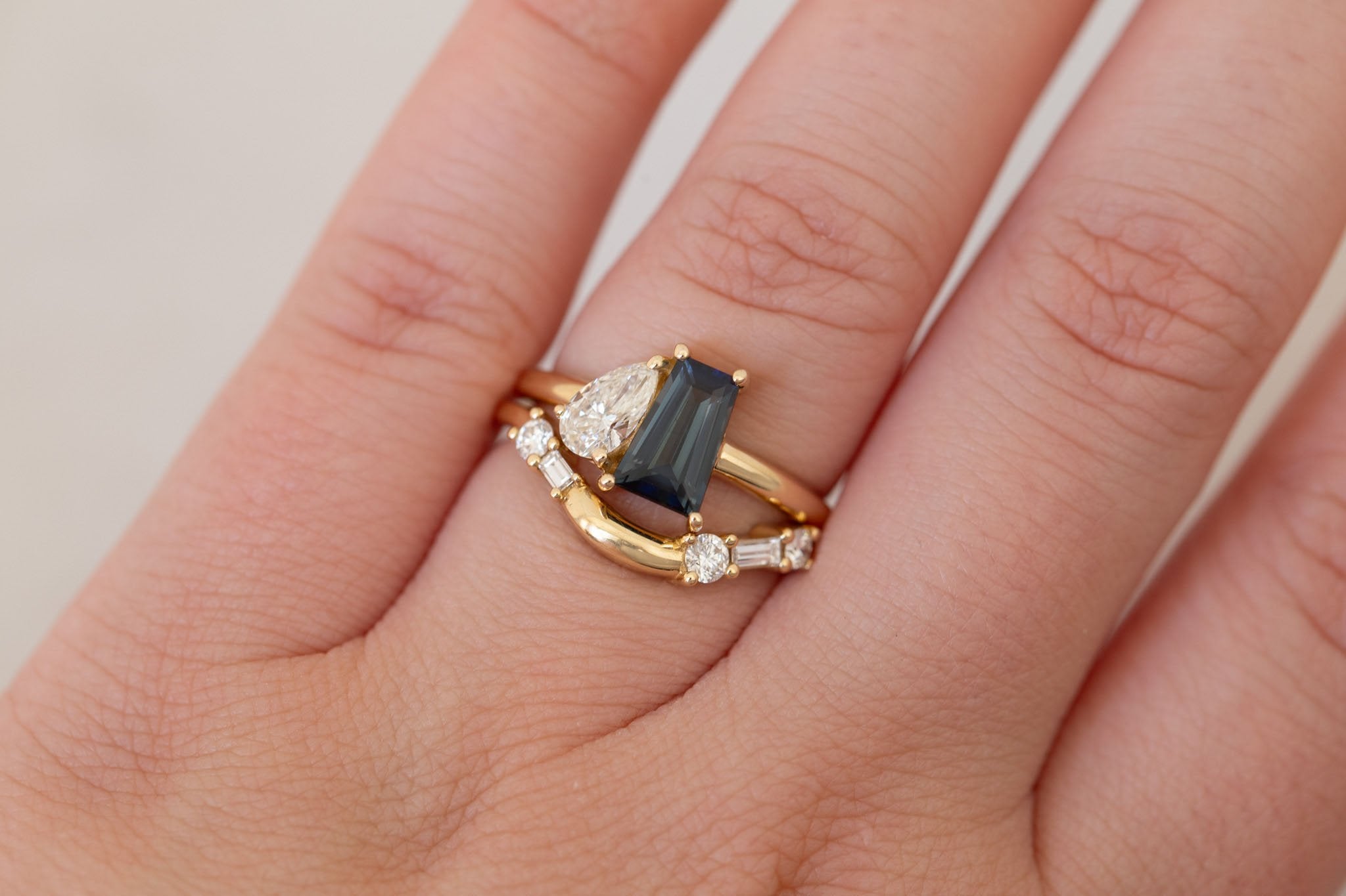 Liana Ring | Blue Trapezoid Sapphire + Pear Diamond Engagement Ring 1.32 ct | 14k Recycled Gold | One of a Kind