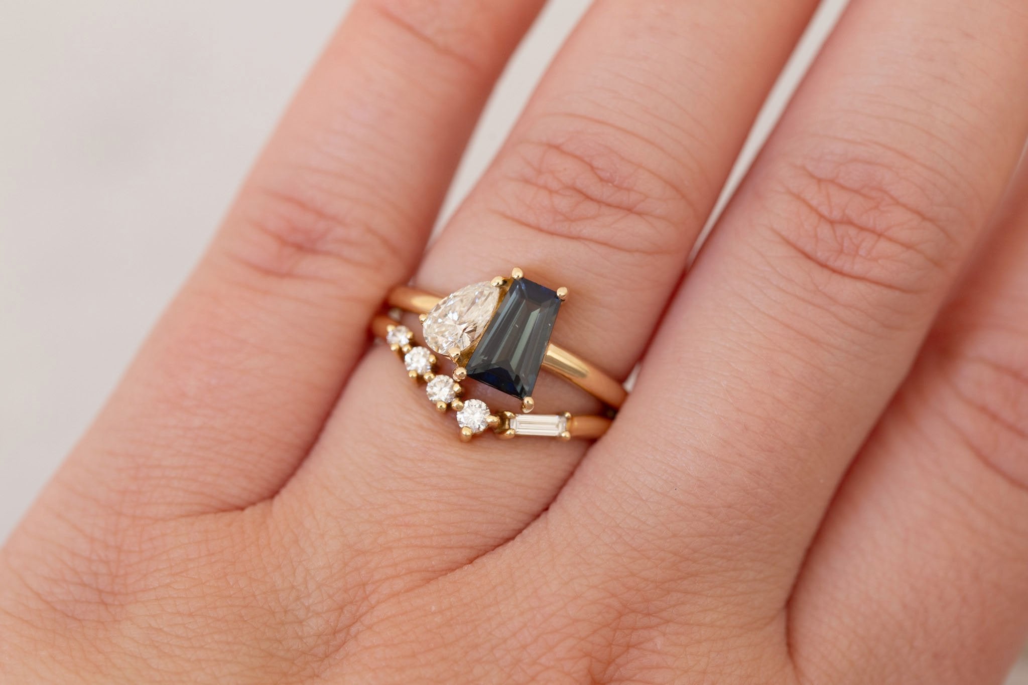 Liana Ring | Blue Trapezoid Sapphire + Pear Diamond Engagement Ring 1.32 ct | 14k Recycled Gold | One of a Kind