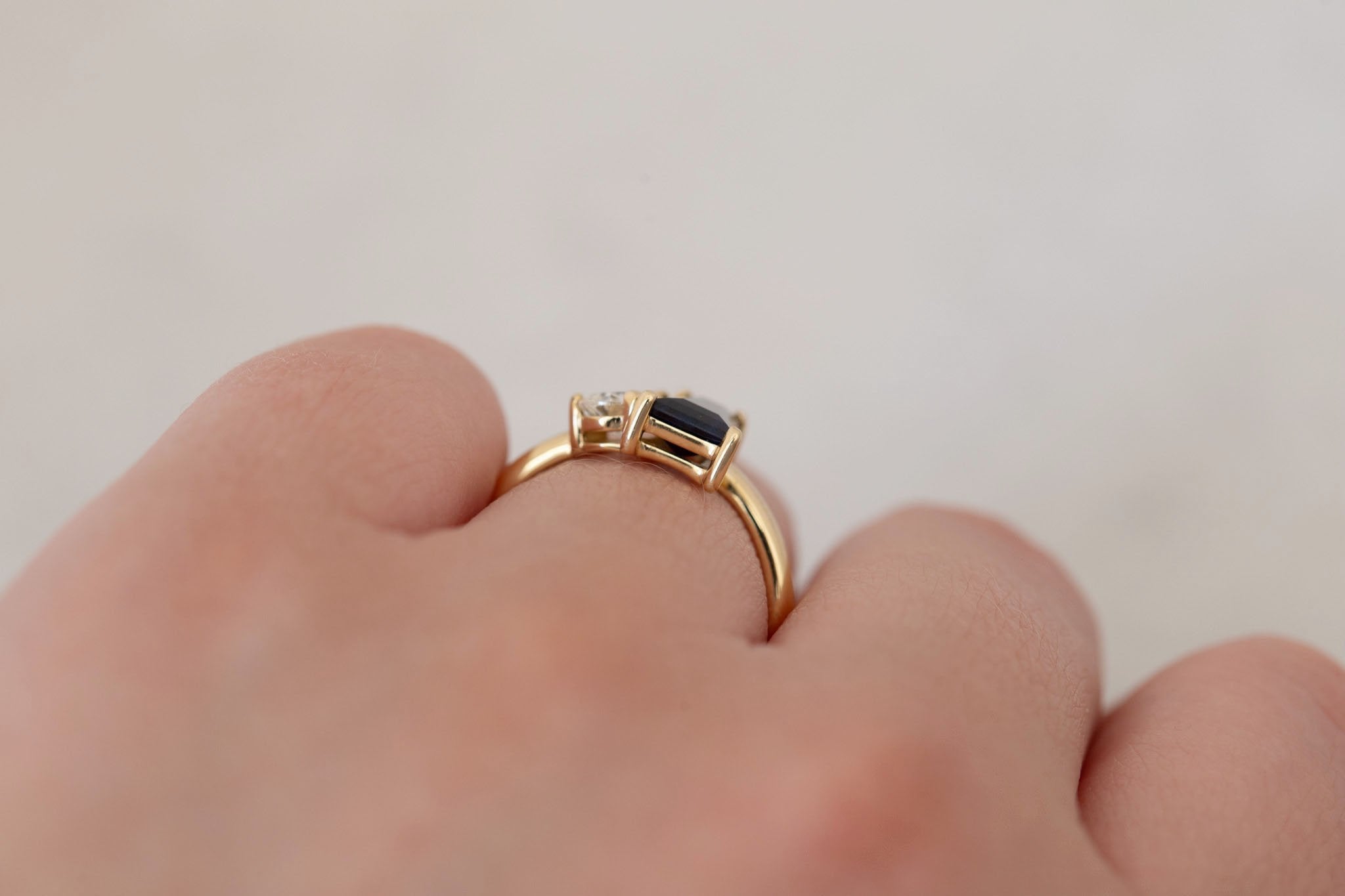 Liana Ring | Blue Trapezoid Sapphire + Pear Diamond Engagement Ring 1.32 ct | 14k Recycled Gold | One of a Kind