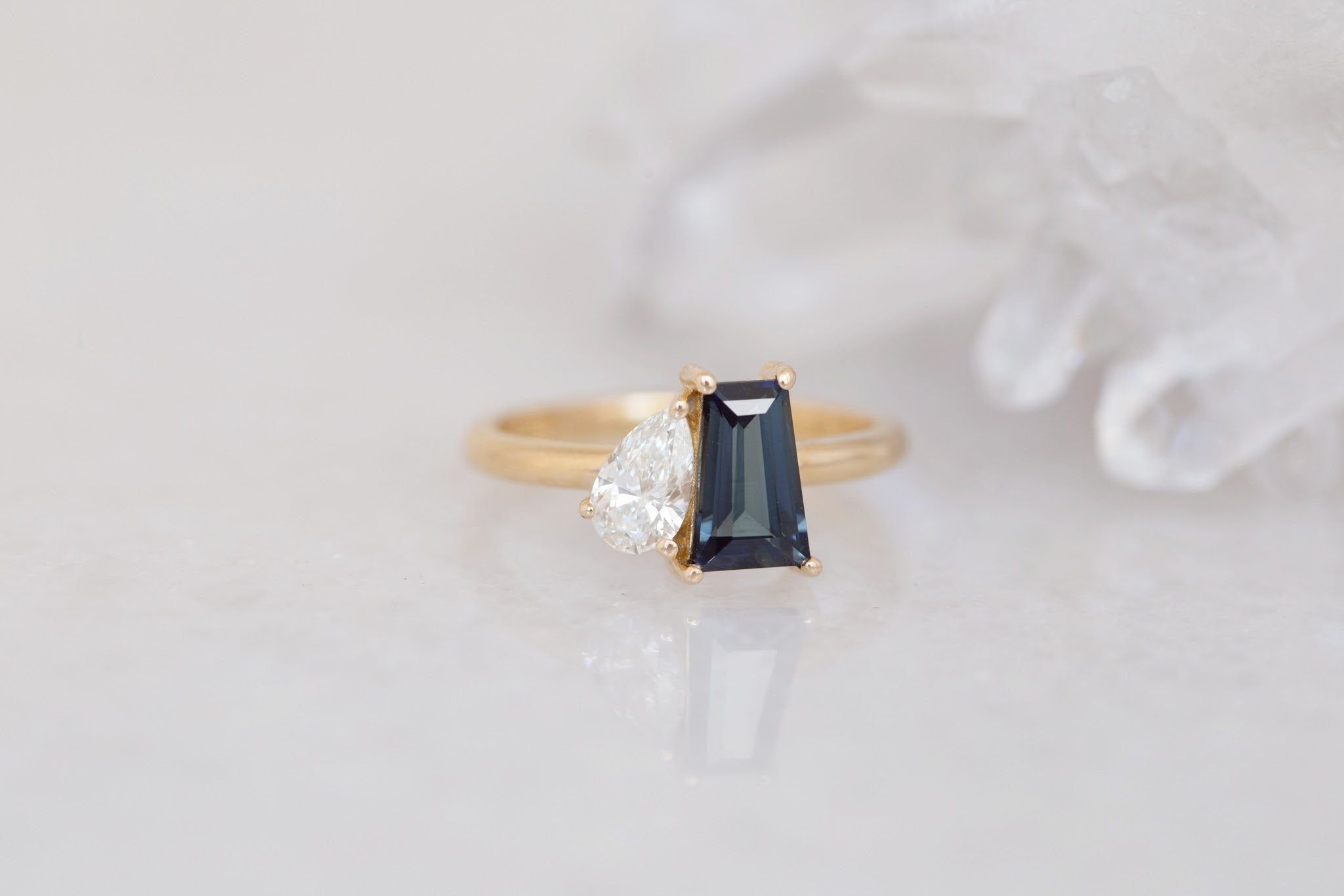 Liana Ring | Blue Trapezoid Sapphire + Pear Diamond Engagement Ring 1.32 ct | 14k Recycled Gold | One of a Kind