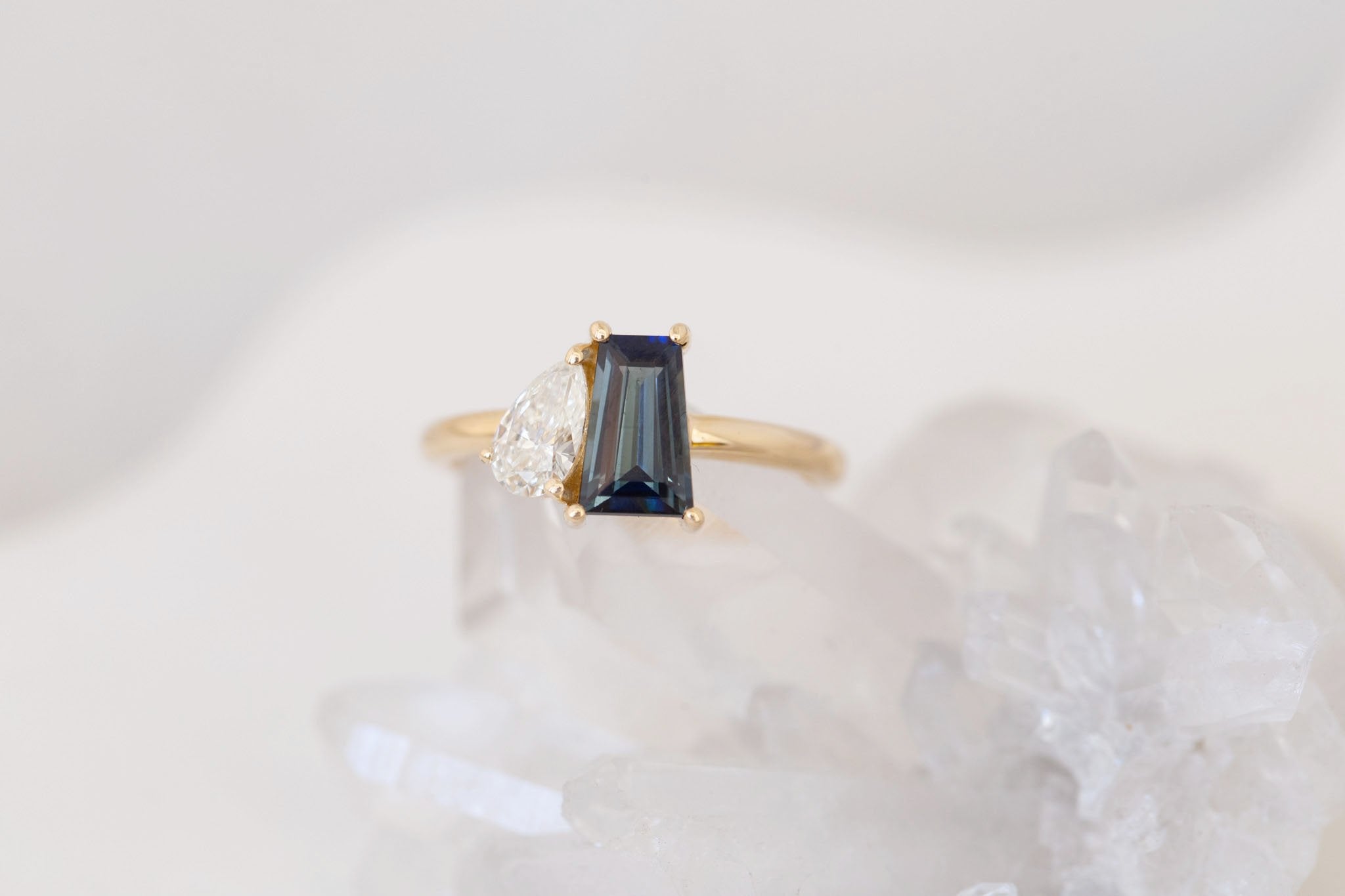 Liana Ring | Blue Trapezoid Sapphire + Pear Diamond Engagement Ring 1.32 ct | 14k Recycled Gold | One of a Kind
