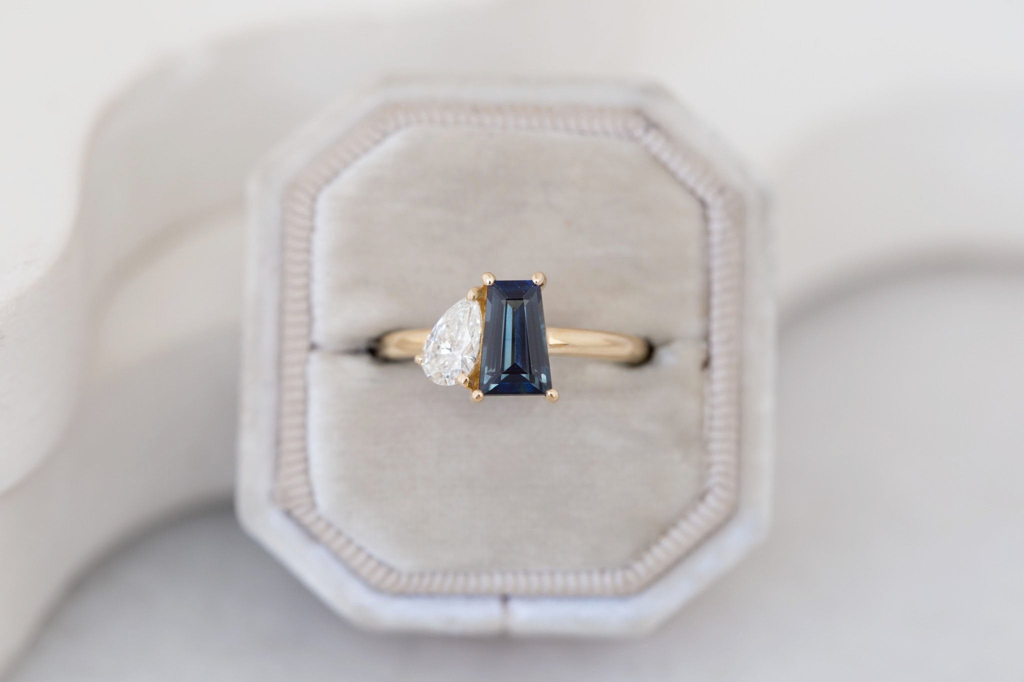 Liana Ring | Blue Trapezoid Sapphire + Pear Diamond Engagement Ring 1.32 ct | 14k Recycled Gold | One of a Kind