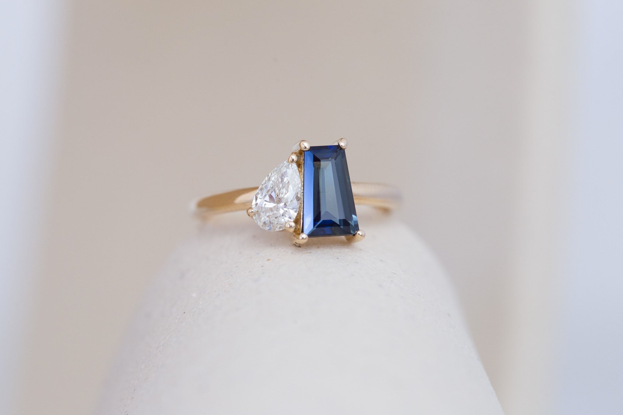 Liana Ring | Blue Trapezoid Sapphire + Pear Diamond Engagement Ring 1.32 ct | 14k Recycled Gold | One of a Kind