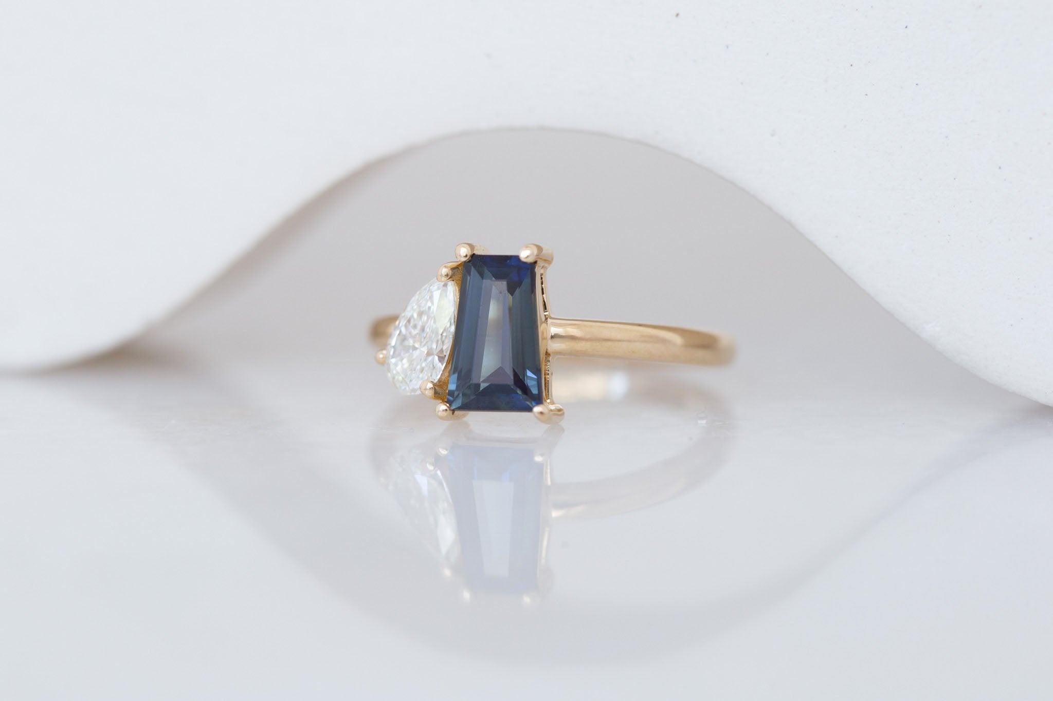 Liana Ring | Blue Trapezoid Sapphire + Pear Diamond Engagement Ring 1.32 ct | 14k Recycled Gold | One of a Kind