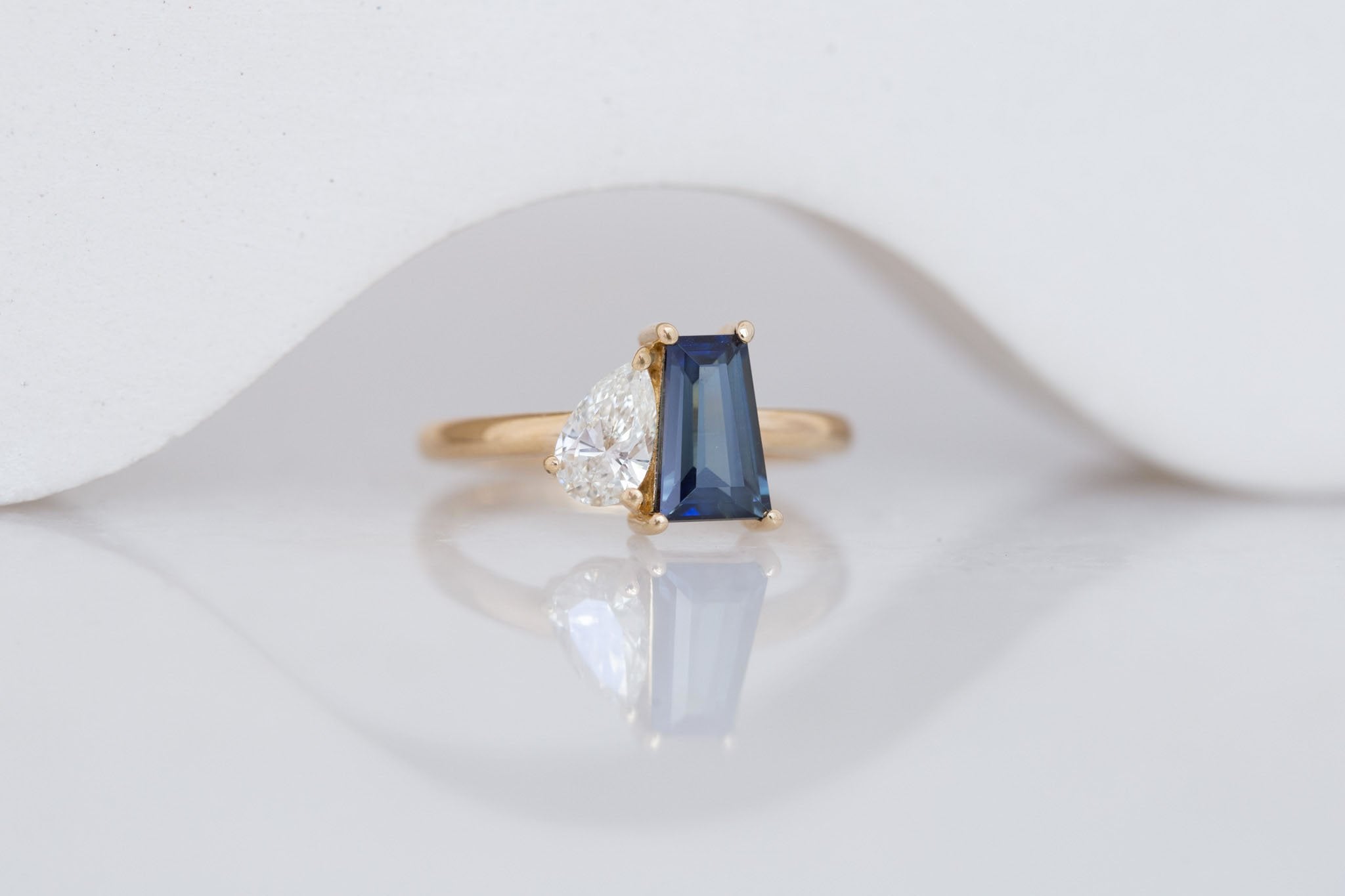 Liana Ring | Blue Trapezoid Sapphire + Pear Diamond Engagement Ring 1.32 ct | 14k Recycled Gold | One of a Kind