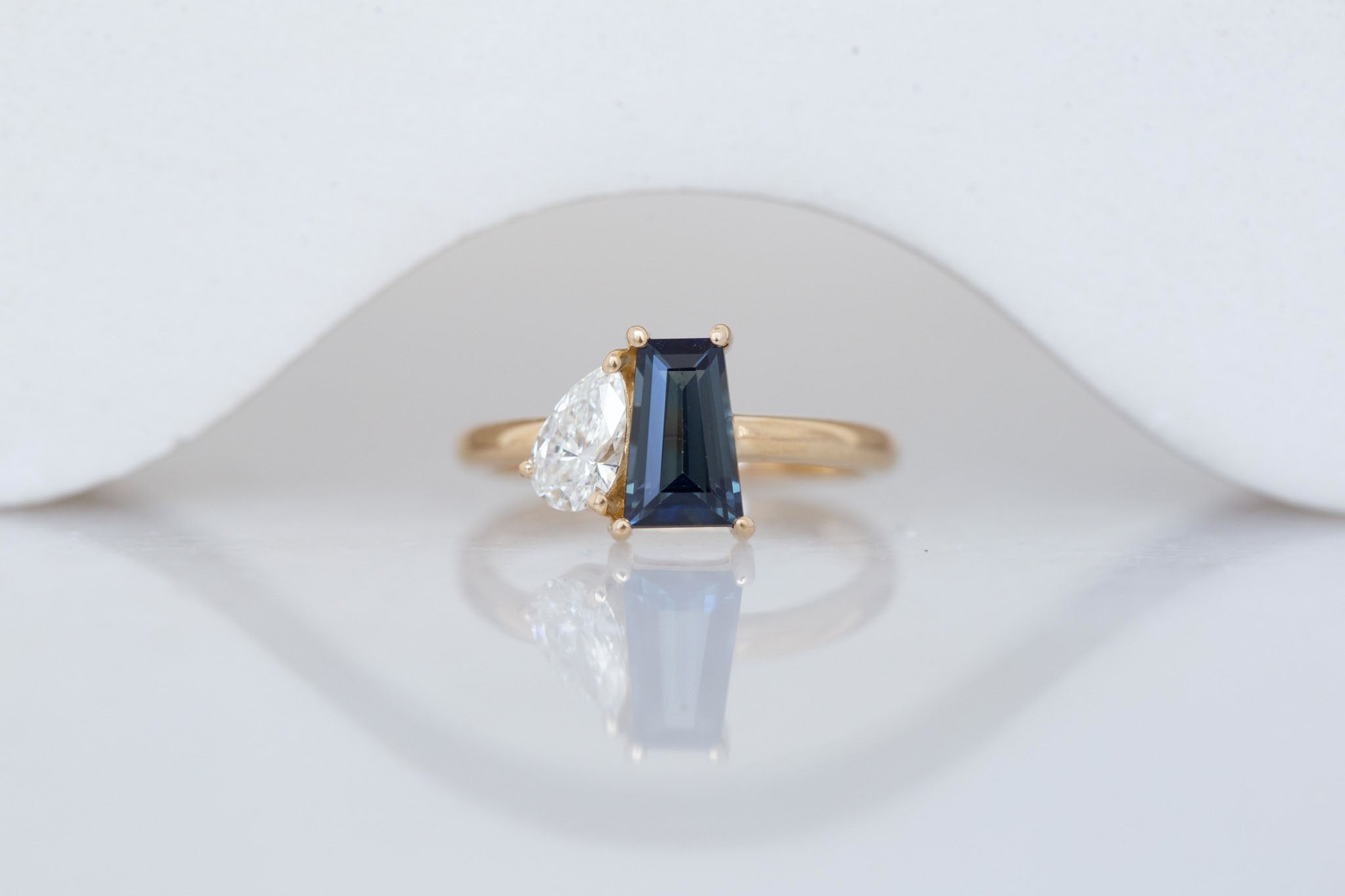 Liana Ring | Blue Trapezoid Sapphire + Pear Diamond Engagement Ring 1.32 ct | 14k Recycled Gold | One of a Kind