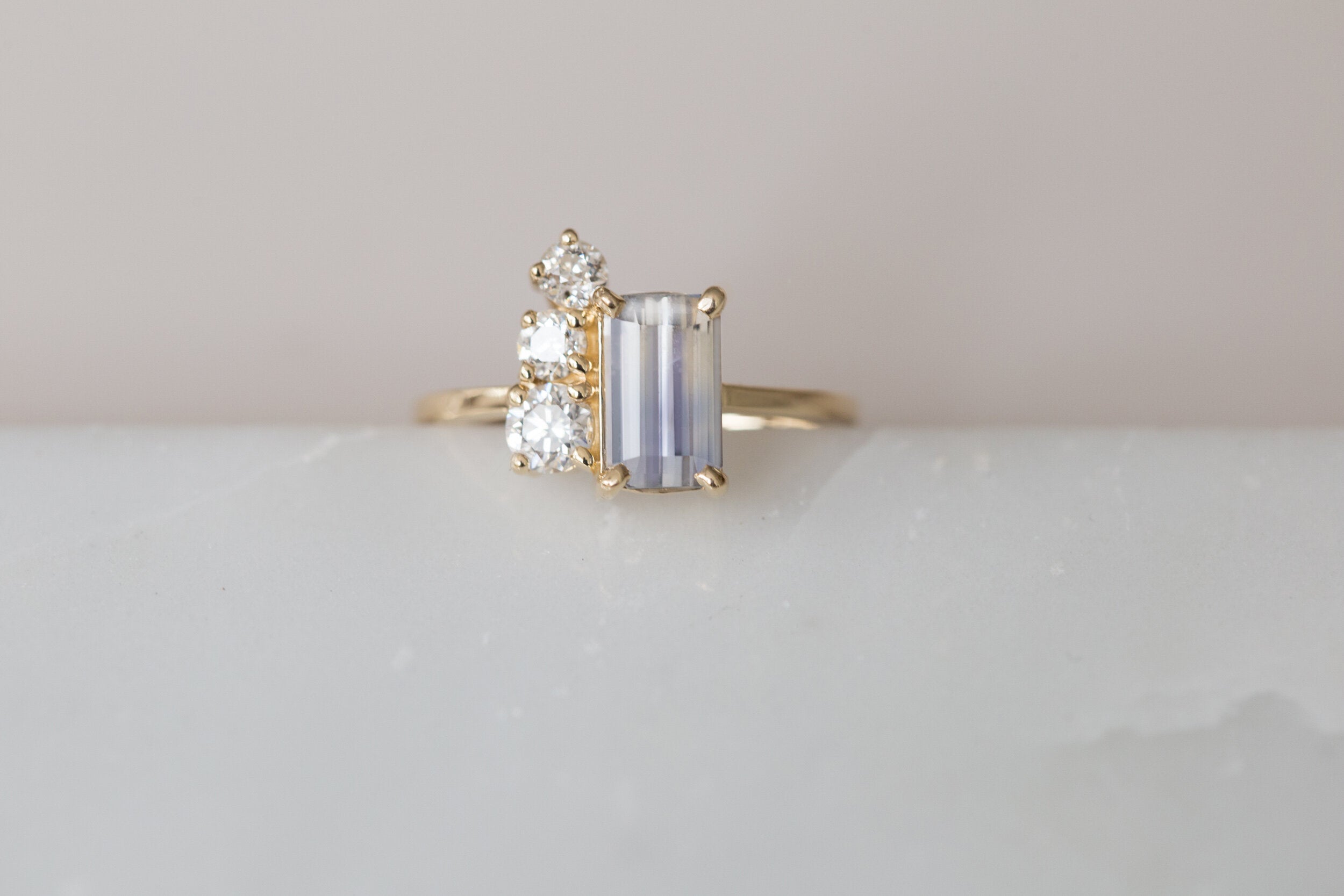 Adra Ring | Bicolor Bluish White Emerald Cut Sapphire + Old European Cut Diamond Cluster Engagement Ring | 14k Recycled Gold | One of a Kind