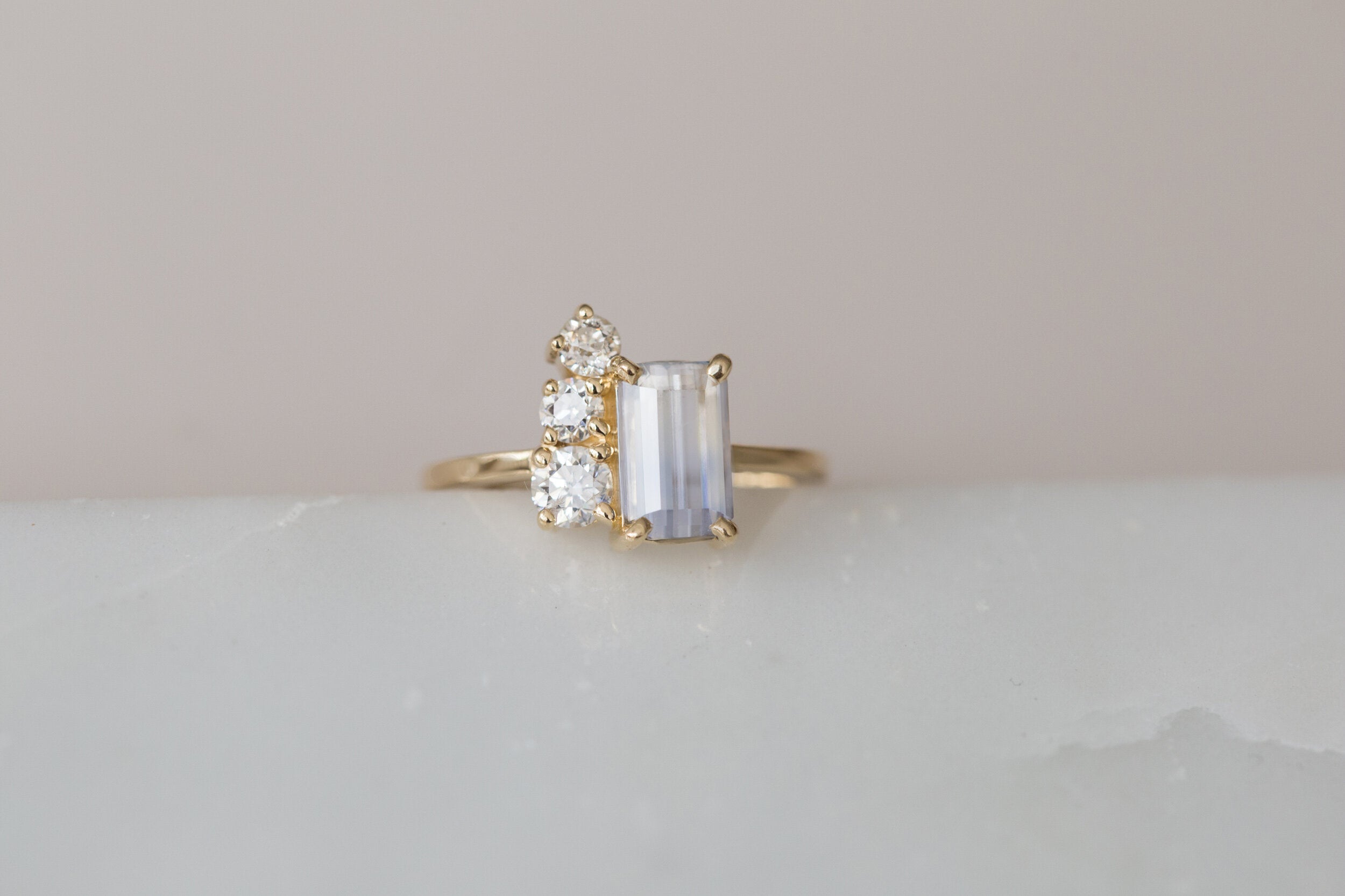 Adra Ring | Bicolor Bluish White Emerald Cut Sapphire + Old European Cut Diamond Cluster Engagement Ring | 14k Recycled Gold | One of a Kind