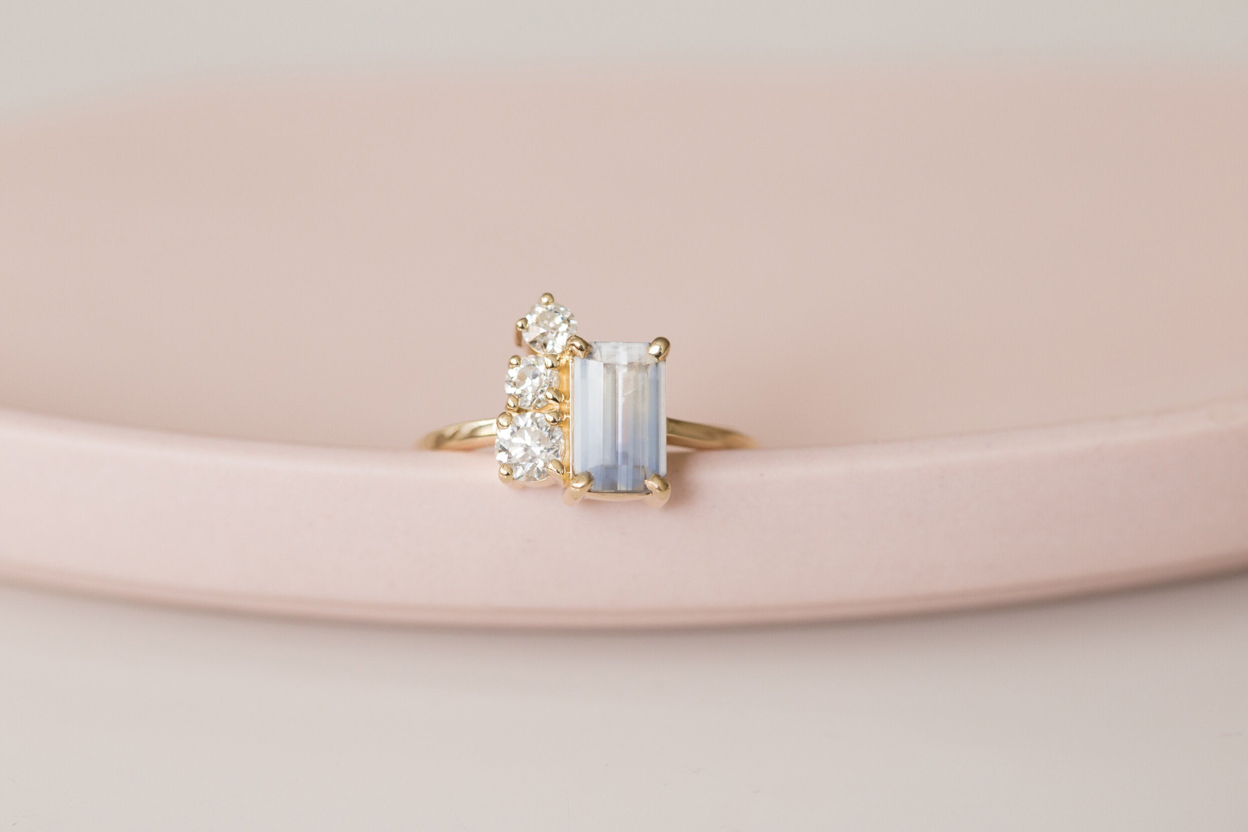 Adra Ring | Bicolor Bluish White Emerald Cut Sapphire + Old European Cut Diamond Cluster Engagement Ring | 14k Recycled Gold | One of a Kind