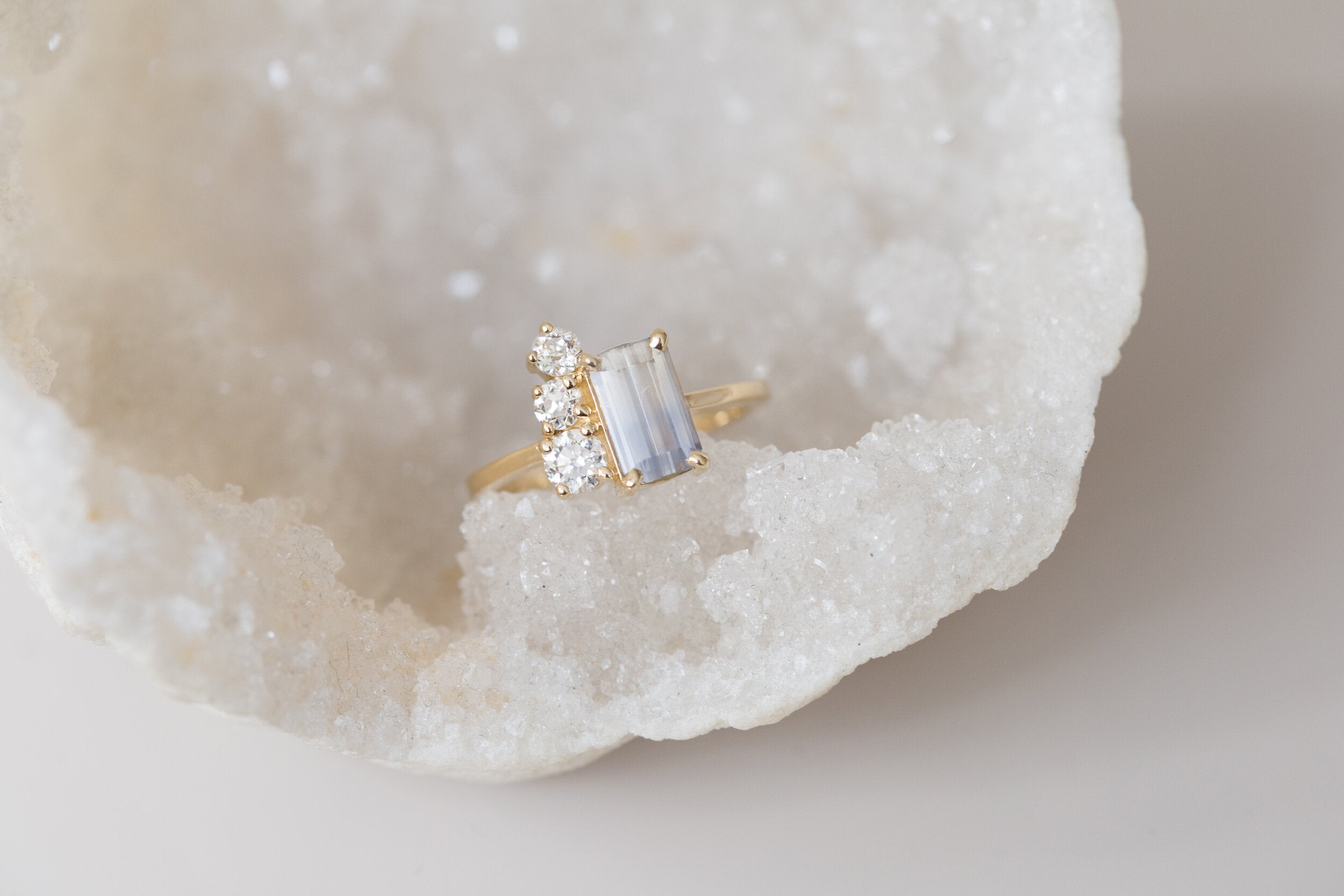 Adra Ring | Bicolor Bluish White Emerald Cut Sapphire + Old European Cut Diamond Cluster Engagement Ring | 14k Recycled Gold | One of a Kind