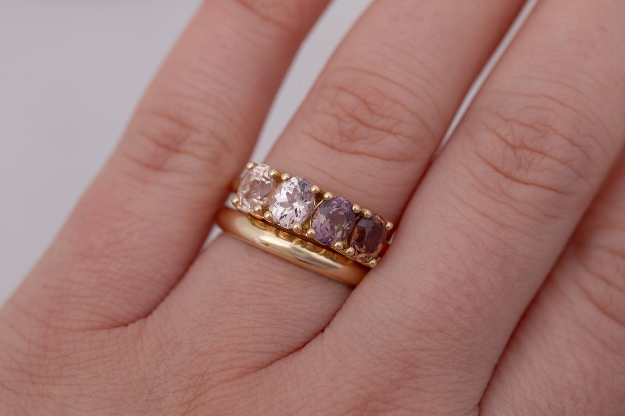 Brown + Blush Sapphire Line Ring | Blue Sapphires Engagement Ring | 14k Recycled Gold | One of a Kind