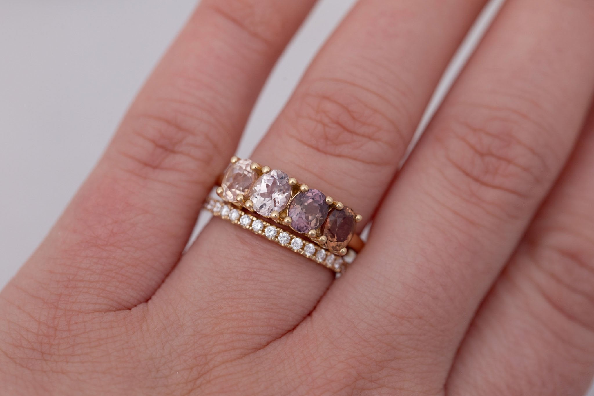 Brown + Blush Sapphire Line Ring | Blue Sapphires Engagement Ring | 14k Recycled Gold | One of a Kind