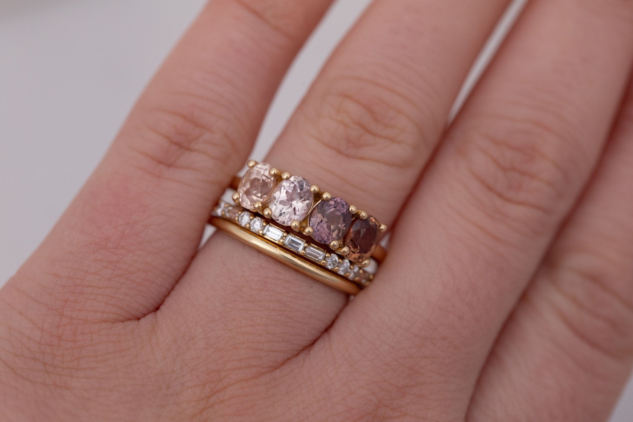 Brown + Blush Sapphire Line Ring | Blue Sapphires Engagement Ring | 14k Recycled Gold | One of a Kind