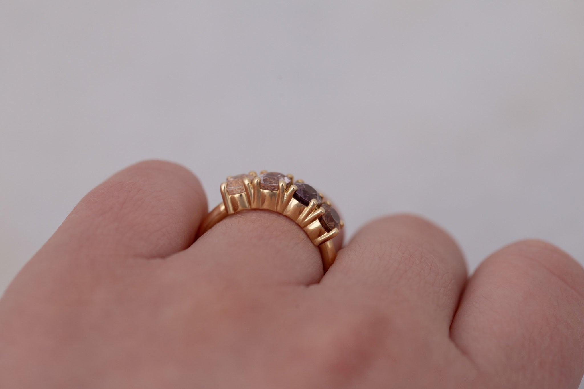 Brown + Blush Sapphire Line Ring | Blue Sapphires Engagement Ring | 14k Recycled Gold | One of a Kind