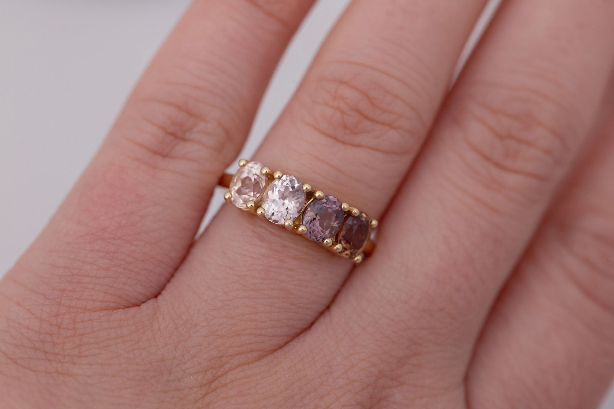 Brown + Blush Sapphire Line Ring | Blue Sapphires Engagement Ring | 14k Recycled Gold | One of a Kind