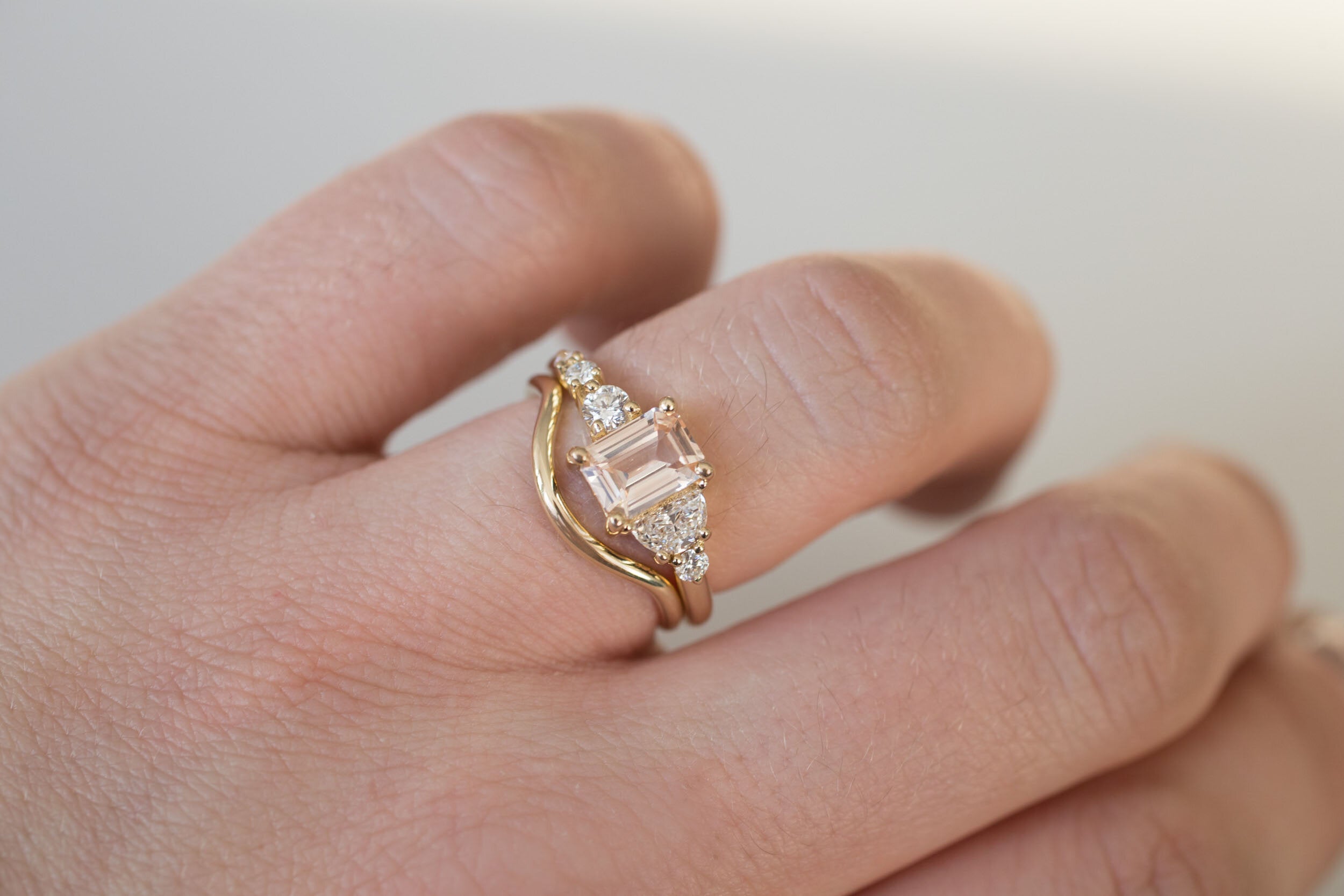 Sarine Ring | Blush Apricot Sapphire + Half Moon Diamond + Diamond Cluster Engagement Ring | 14k Recycled Gold | One of a Kind