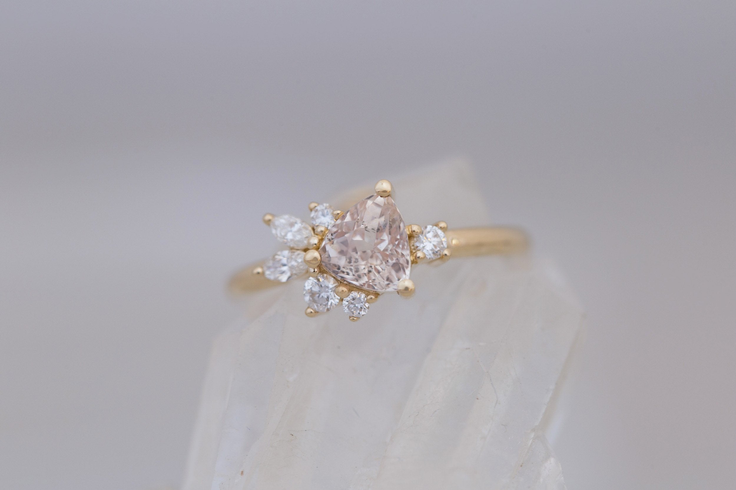 Alden Ring | Blush Sapphire Trillion + Diamond Cluster Engagement Ring 1.13 ct | 14k Recycled Gold | One of a Kind