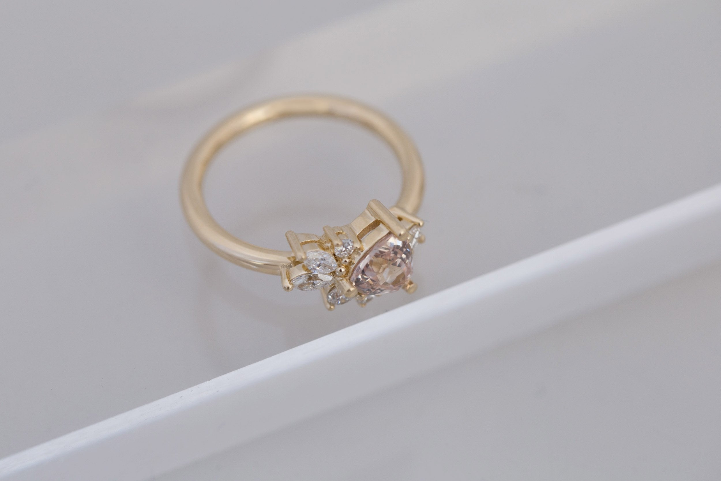 Alden Ring | Blush Sapphire Trillion + Diamond Cluster Engagement Ring 1.13 ct | 14k Recycled Gold | One of a Kind