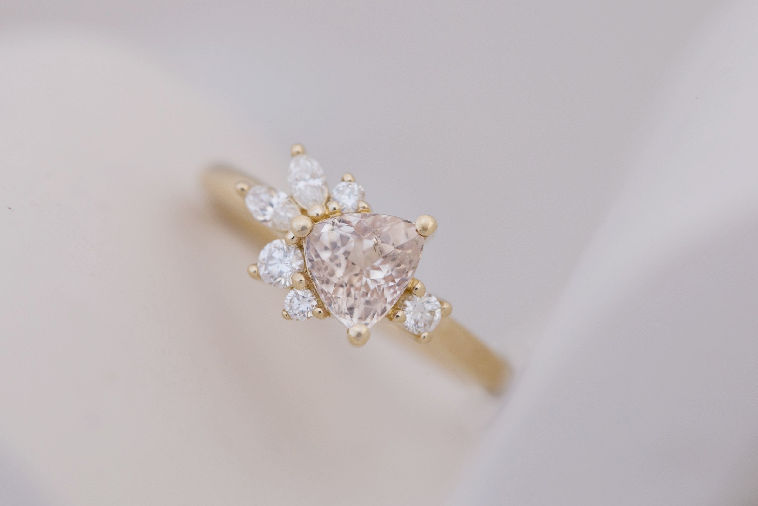 Alden Ring | Blush Sapphire Trillion + Diamond Cluster Engagement Ring 1.13 ct | 14k Recycled Gold | One of a Kind