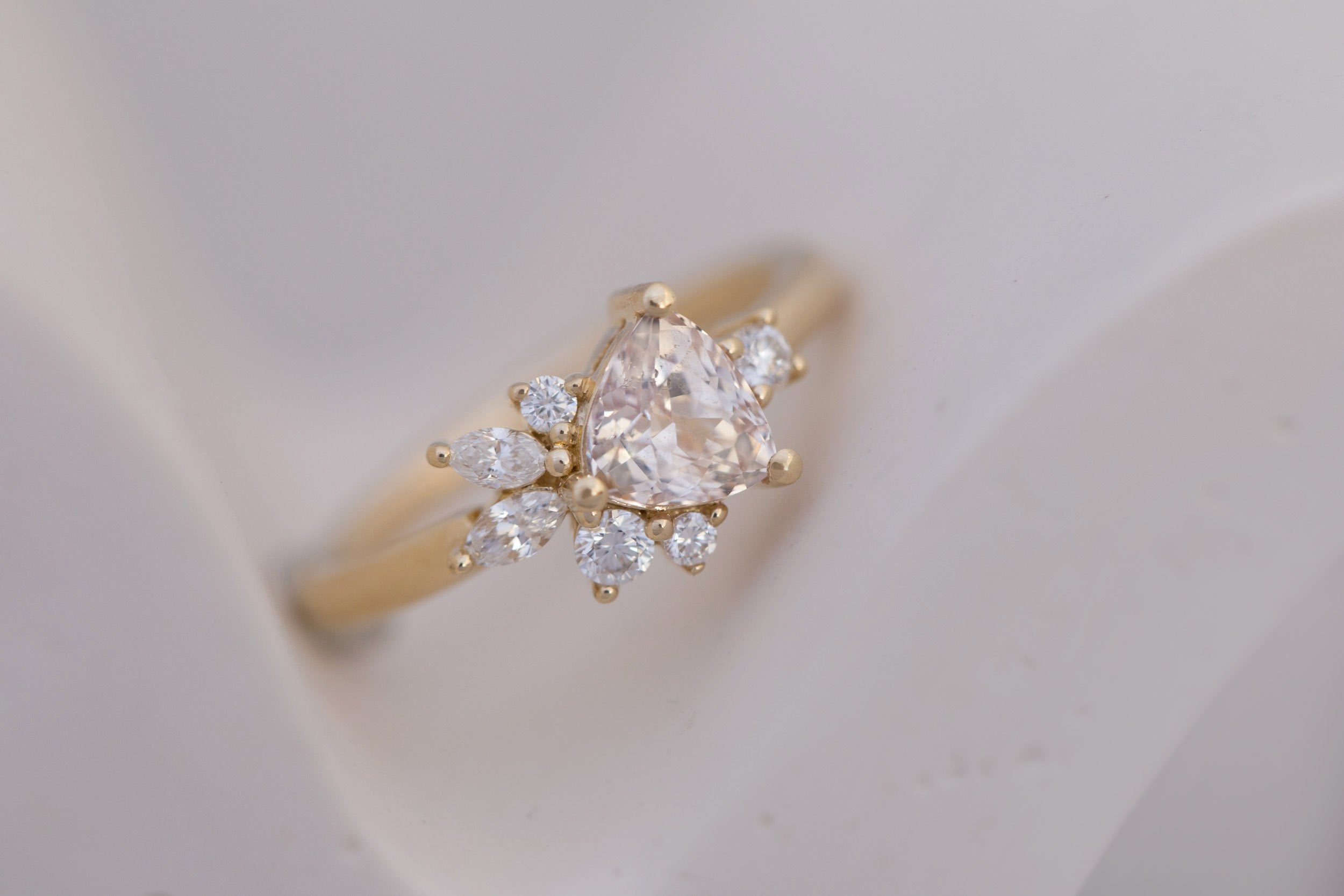 Alden Ring | Blush Sapphire Trillion + Diamond Cluster Engagement Ring 1.13 ct | 14k Recycled Gold | One of a Kind